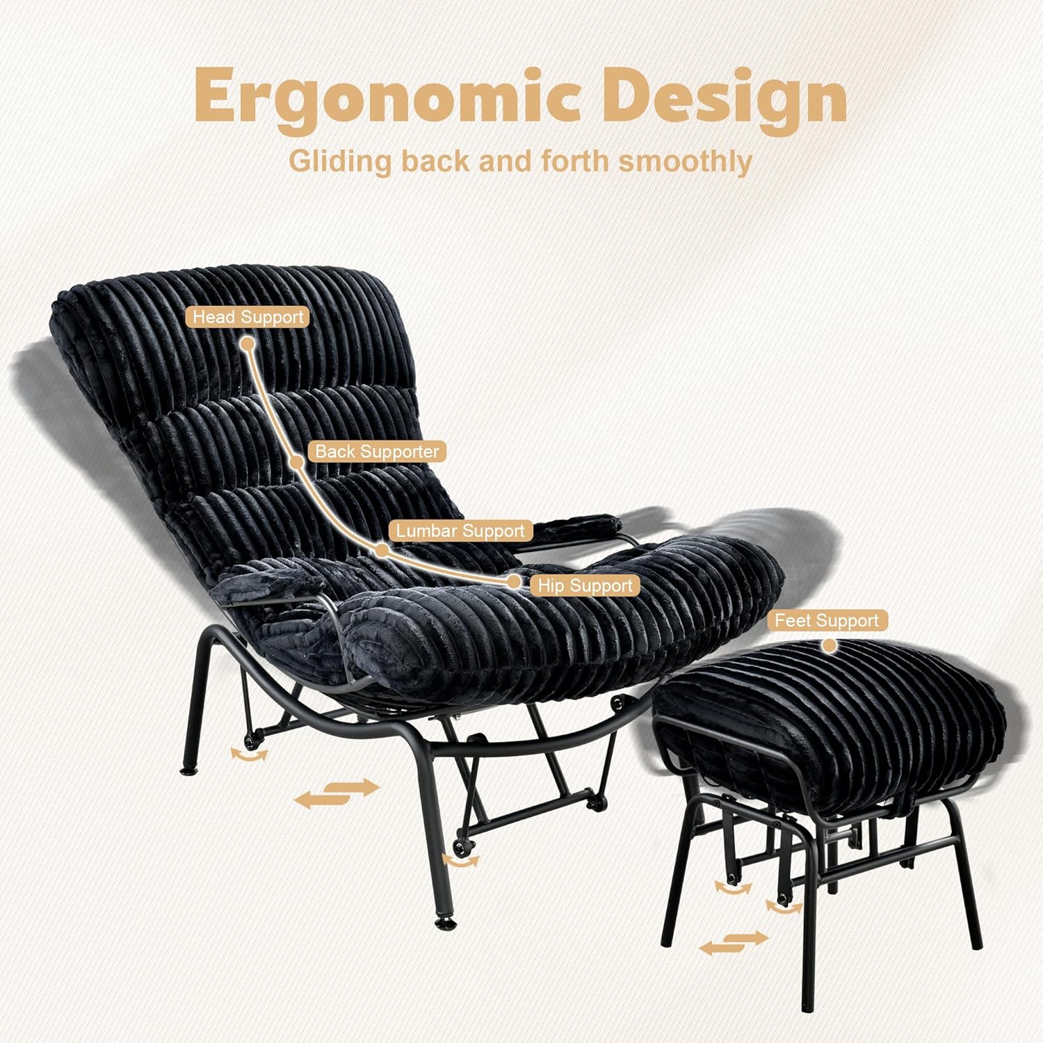 ovios Glider Rocking Chair with Ottoman, Mid-Century Modern Recliner Chair with Footrest, Comfy Gliding Rocker Lazy Accent Armchair for Living Room Bedroom, Cloud Plush Corduroy, Black