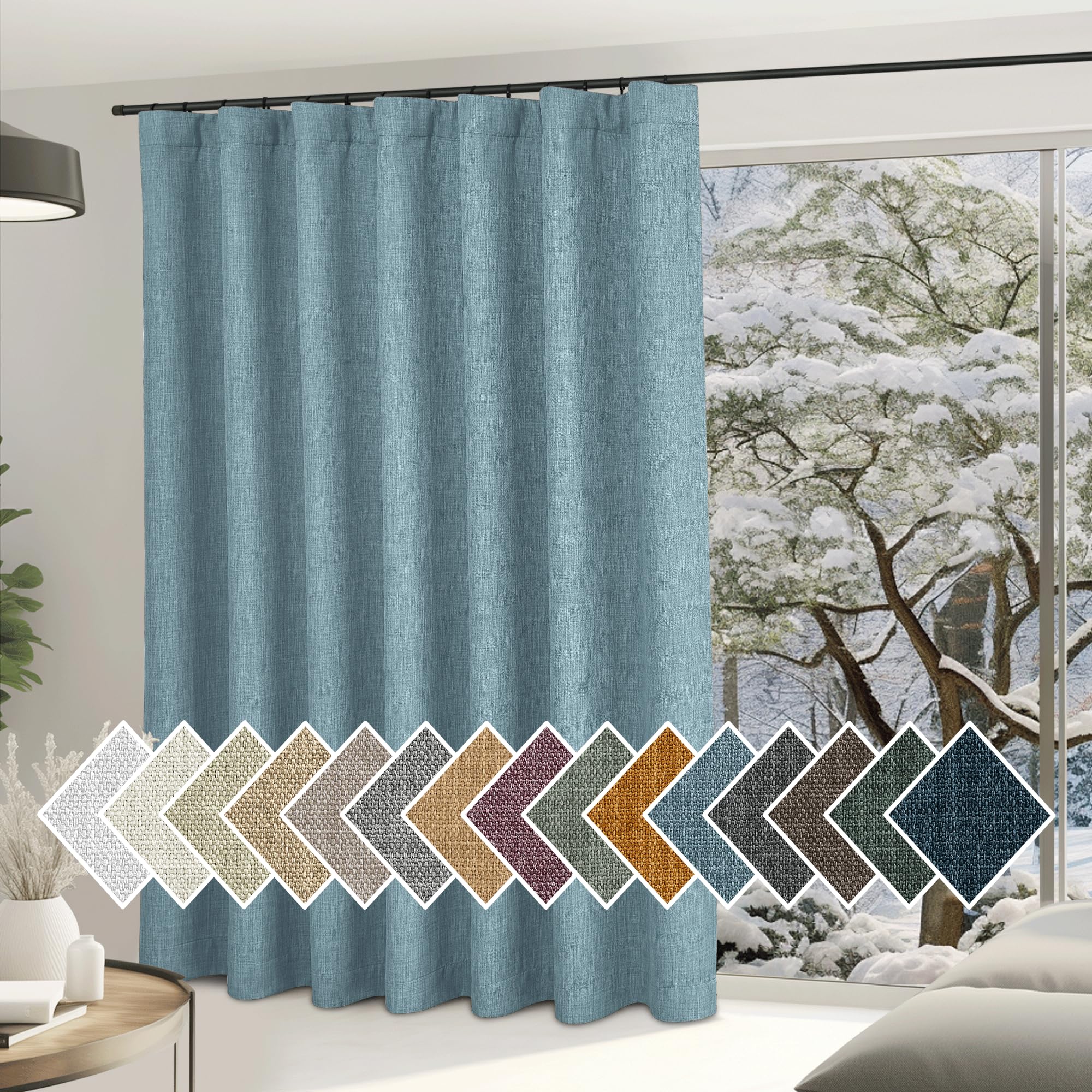 Rideau de porte coulissante bleu brume pour séparer une chambre du salon moderne