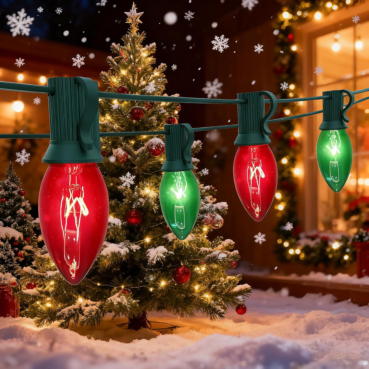 25FT C9 Red & Green Vintage Christmas Lights Outdoor, Waterproof Outdoor Hanging Xmas Lights with 26 Incandescent Bulbs, UL-Ready Green Wire for Tree, Roofline, Patio, Backyard Holiday Party Decor
