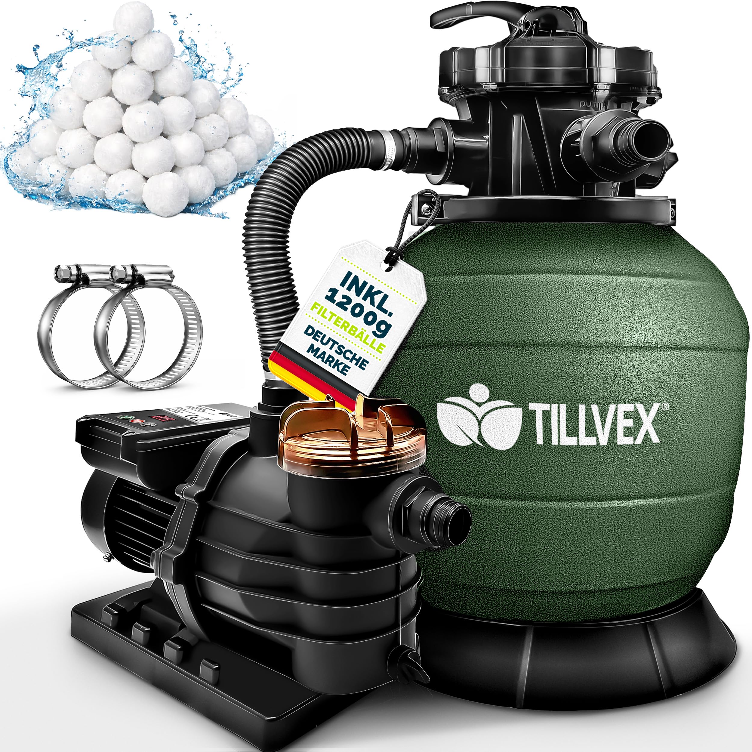 tillvex® Sandfilteranlage Pool mit Timer 13.200L/h bis 40.000L + 1200g Filterbälle | Filteranlage 7-Wege Ventil & 2in1 Adapter Ø32-38mm | Poolfilter Sandfilter Selbstansaugend (Grün)