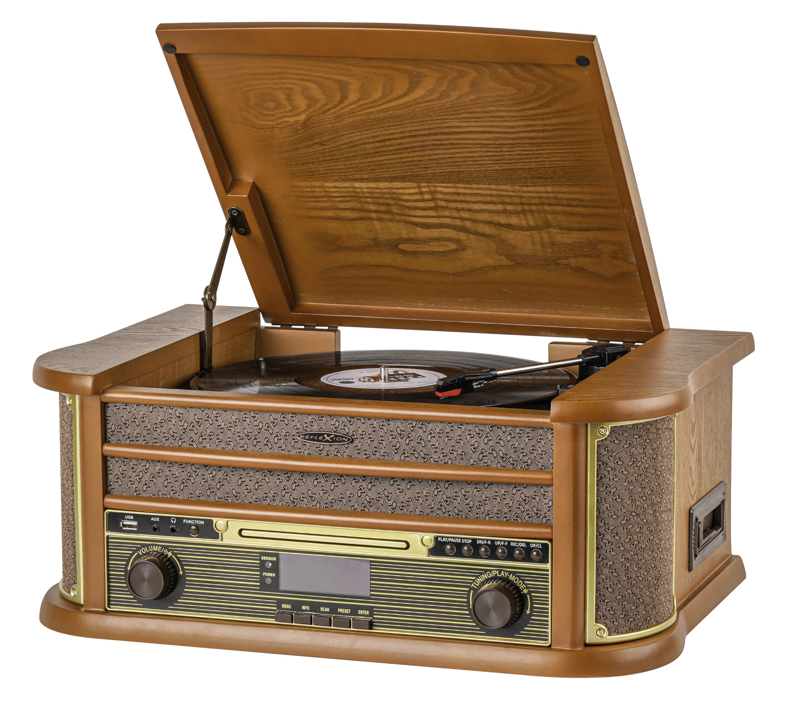 Reflexion HIF2002 Système stéréo rétro avec Platine Disque, Cassette, Lecteur CD et Radio Dab, Dab+, FM/MW, MP3, USB, écran LCD, télécommande, 80 W, boîtier en Bois véritable, Marron