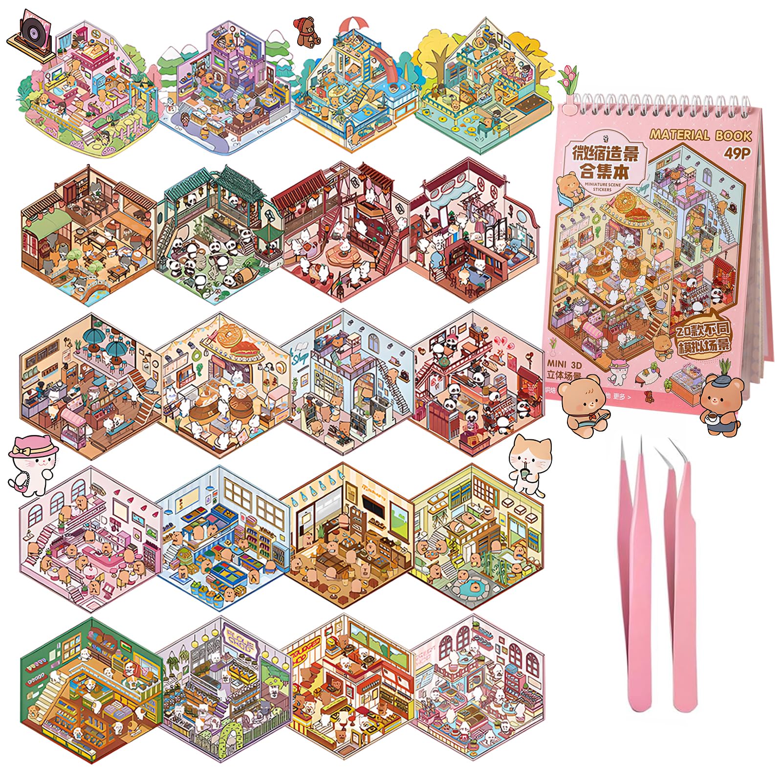 Scene Sticker Book for Kids, 20 Sets of 3D Sticker Scenes for Adults Fun Cute Kawaii Stickers 3D Miniature Scene Therapy, 3D House Stickers Kit Relief Stress Pass The Time, Holiday & Christmas Fun