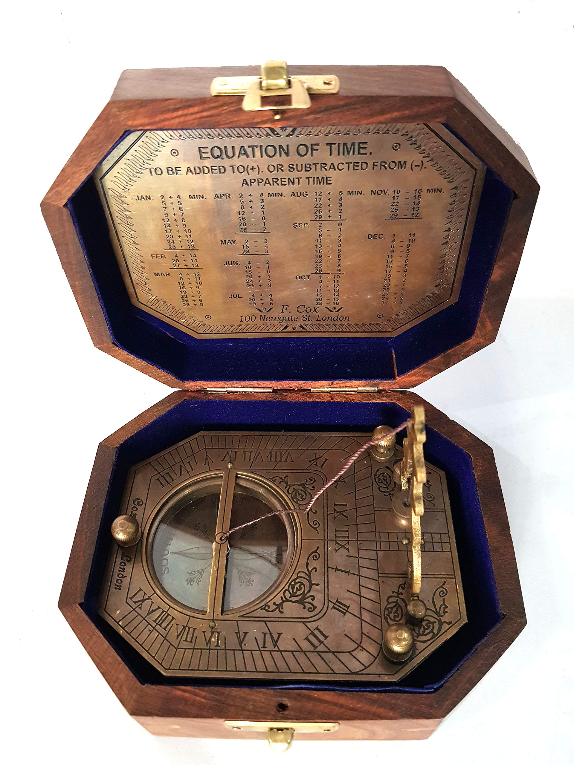 Vintage Brass Sundial Compass Boxed in Wooden Inlaid Box Antique Decorative Navigational Device.