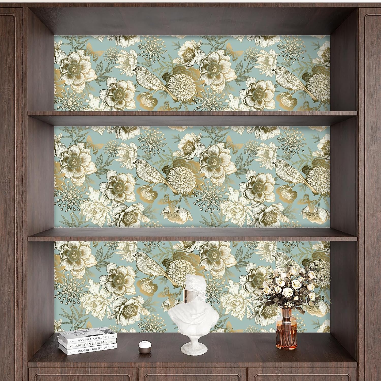 VaryPaper Vintage Gold Floral Bird Wallpaper Peel and Stick 17.7''x78.7'' Luxury Peony Butterfly Floral Contact Paper for Cabinets Waterproof Removable Decorative Vinyl Wall Paper for Bedroom Bathroom