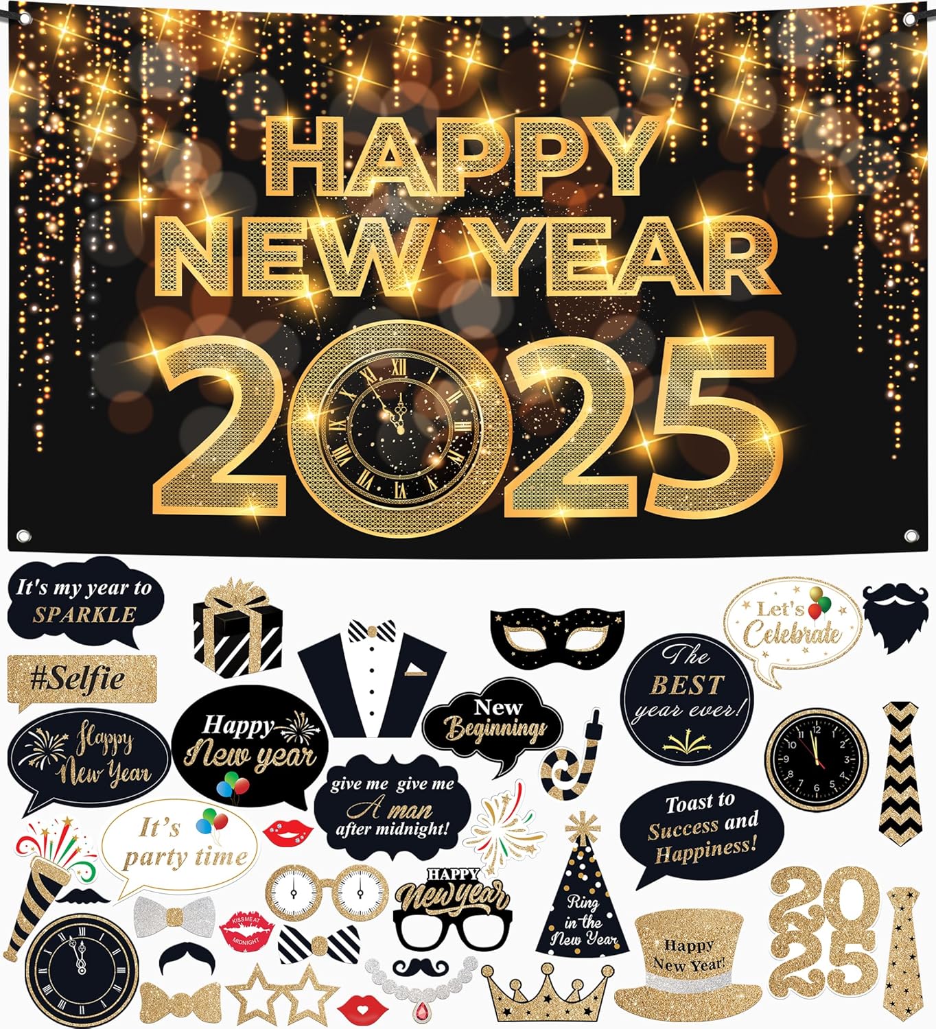 KatchOn Large Happy New Year Banner 2025 - 72x44 Inch | Photo Booth Props Pack of 38 | Backdrop for New Year's Eve Party Supplies