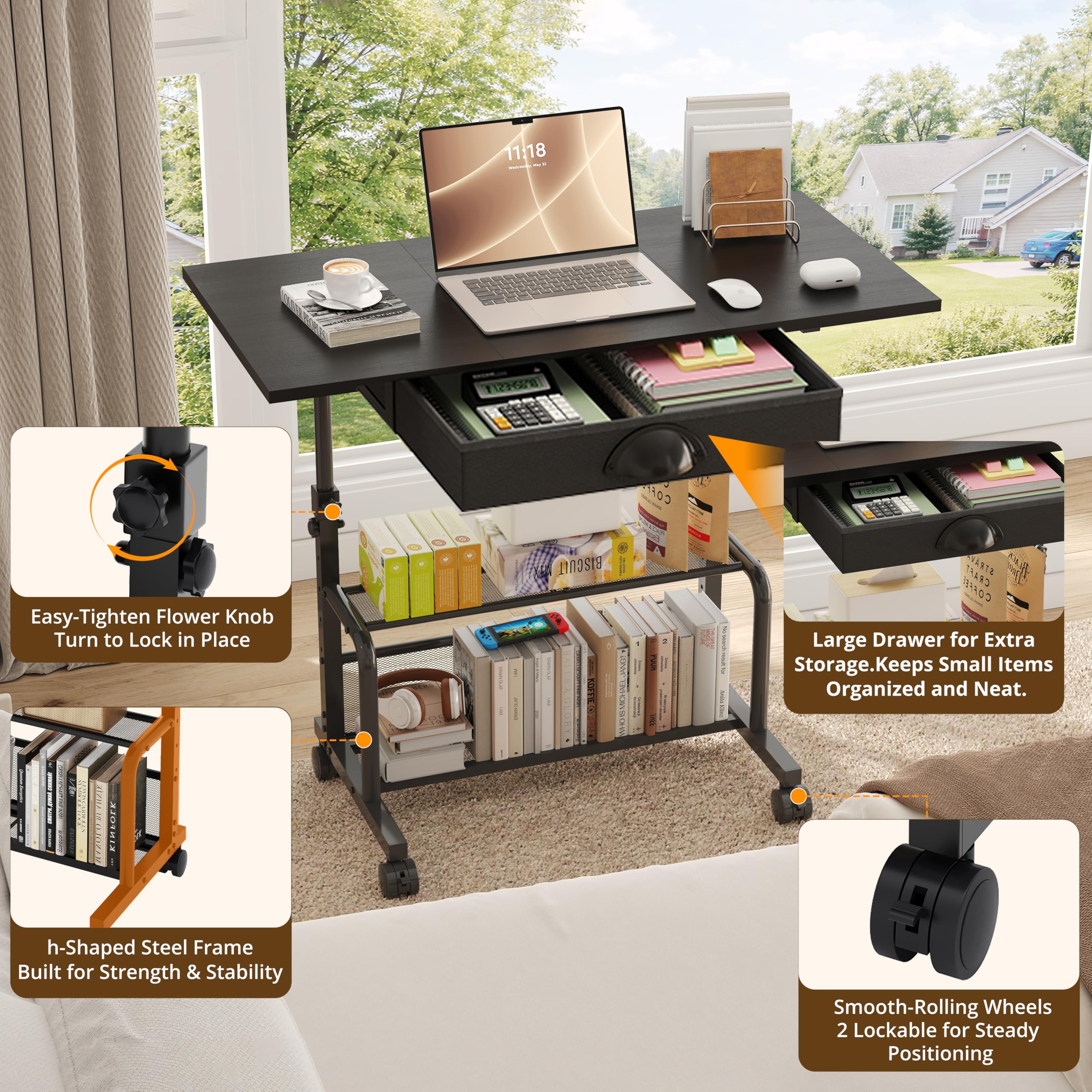 Adjustable Height Small Computer Desk with Drawers Portable Rolling Desk for Seated Use 32 Laptop Desk for Home — view 6
