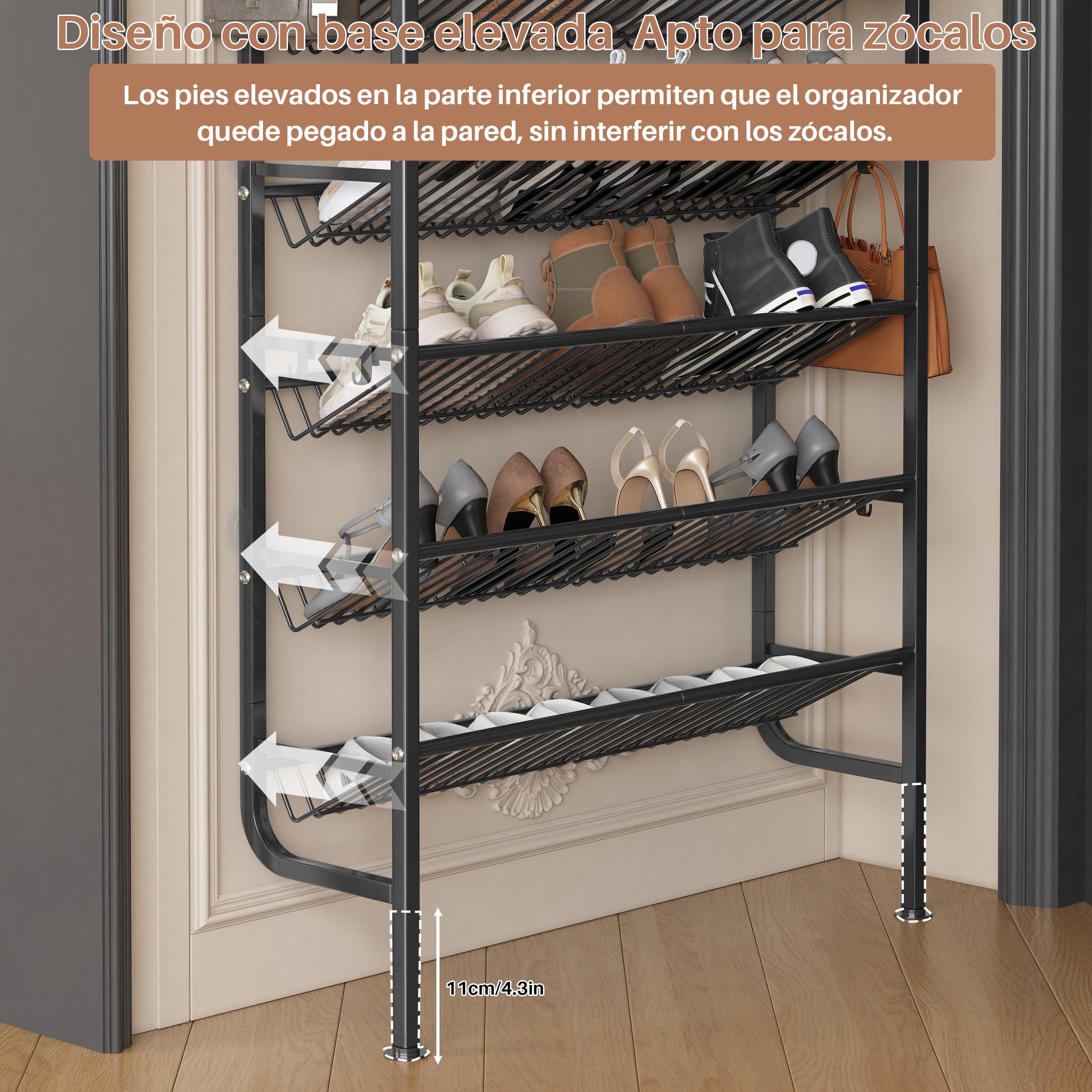 Zapatero para Puerta, Zapatero MetáLico de 9 Estantes para Colocar detráS de la Puerta, Zapatero Abierto, con 12 Ganchos para Despensa, Recibidor, SalóN (Negro, 70 x 20 x 177 cm)