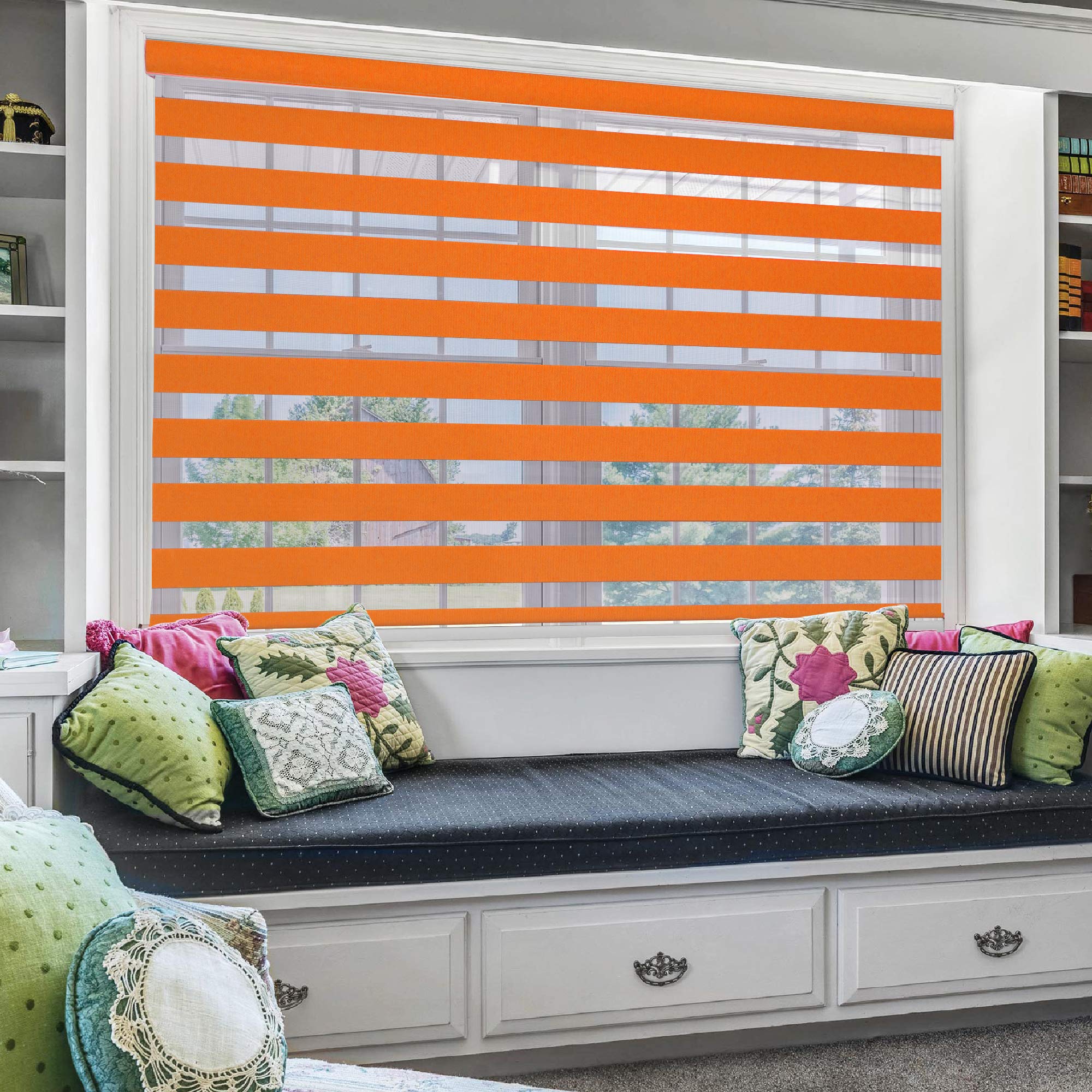 ZEBRA BLINDS Polyester Curtain Blinds for Windows and Doors with Dual Shade, Horizontal Stripes, Sheer and Solid Fabric, Light Control/Blackout Blinds, Waterproof (Orange) Width 102XHEIGHT 200CM