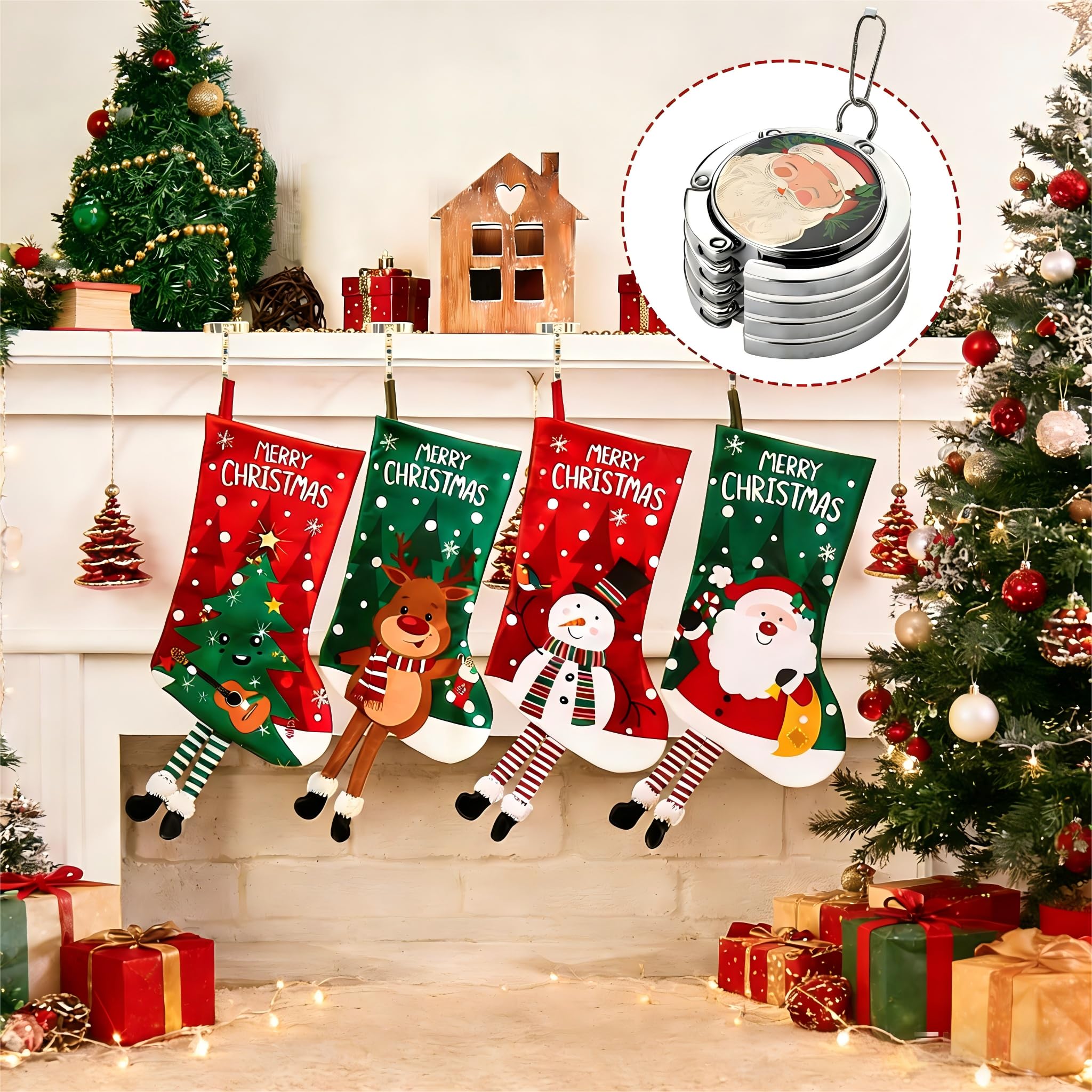 Shaeotek Christmas Stockings with Holder 8 Packs, 4 Xmas Stockings with 4 Pcs Socks Holders, Santa, Snowman, Fireplace Hanging Stockings boots for Christmas Party Decoration