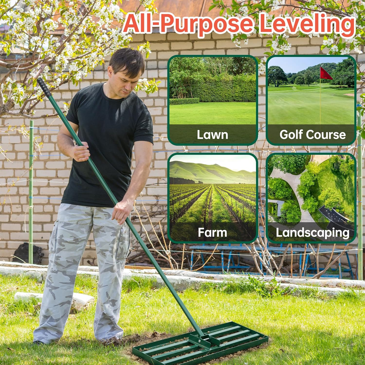 UUMENHA Lawn Leveling Rake, 30"x 10" Heavy-Duty Leveling Rake with a Durable 6.5FT Steel Handle, Ideal Rakes for Lawns, Yards, Gardens, Golf Courses, Farms, and Pastures