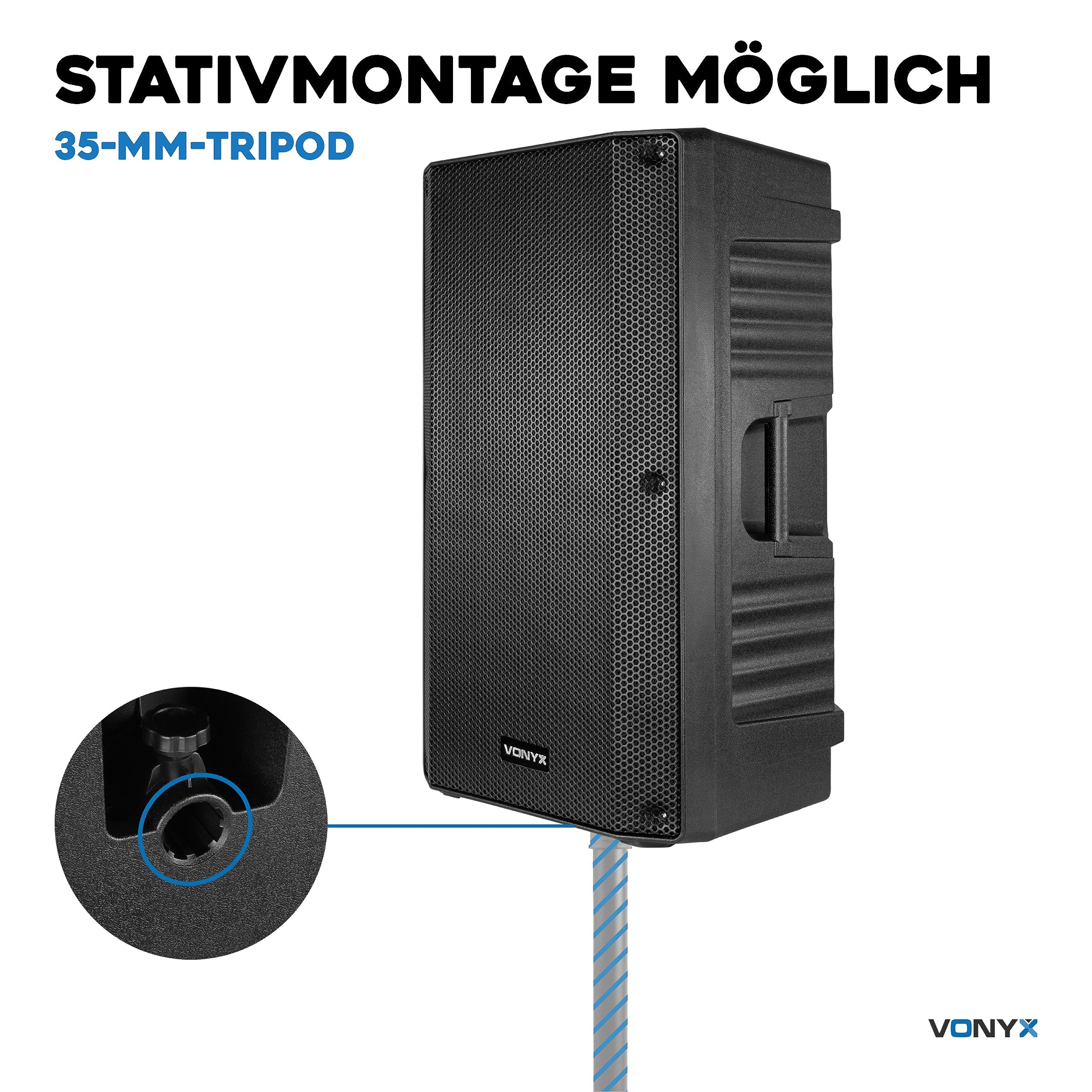 Vonyx VSA15BT - Aktivlautsprecher, Bluetooth, 1000 Watt PA Anlage, PA Lautsprecher Aktiv mit 15 Zoll Subwoofer, Bi-Amp, Mikrofon-Input, Equalizer, Gitarreneingang MP3-Player, PA Boxen für Gitarristen