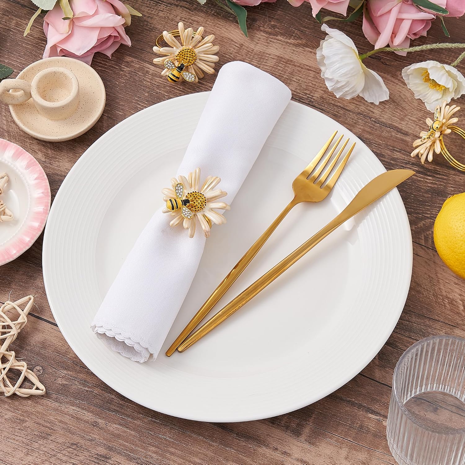 APTWOW Spring Flower Napkin Rings Set of 12 - Sunflower Bee Metal Napkin Holder, Farmhouse Napkin Rings for Easter Wedding Birthday Party Banquet Spring Table Decor