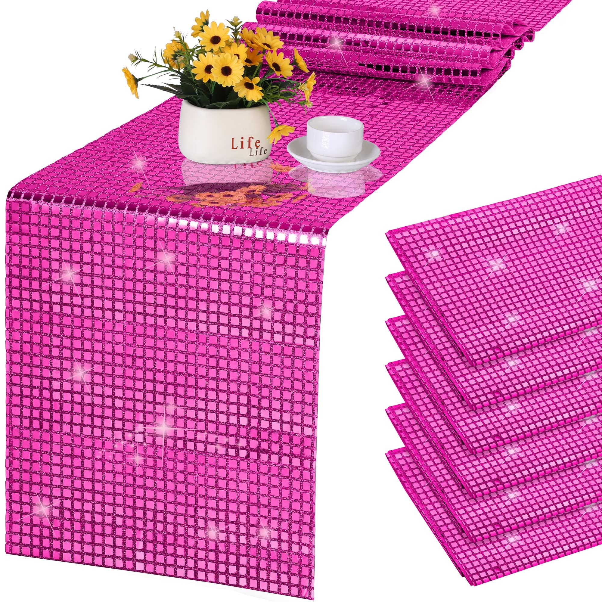 durony 6 Pack Disco Party Table Runner Mirror Hot Pink Glitter Foil with Sparkle Sequin Table Runner for Bachelorette Party 70s Party Disco Cowgirl Party Decorations
