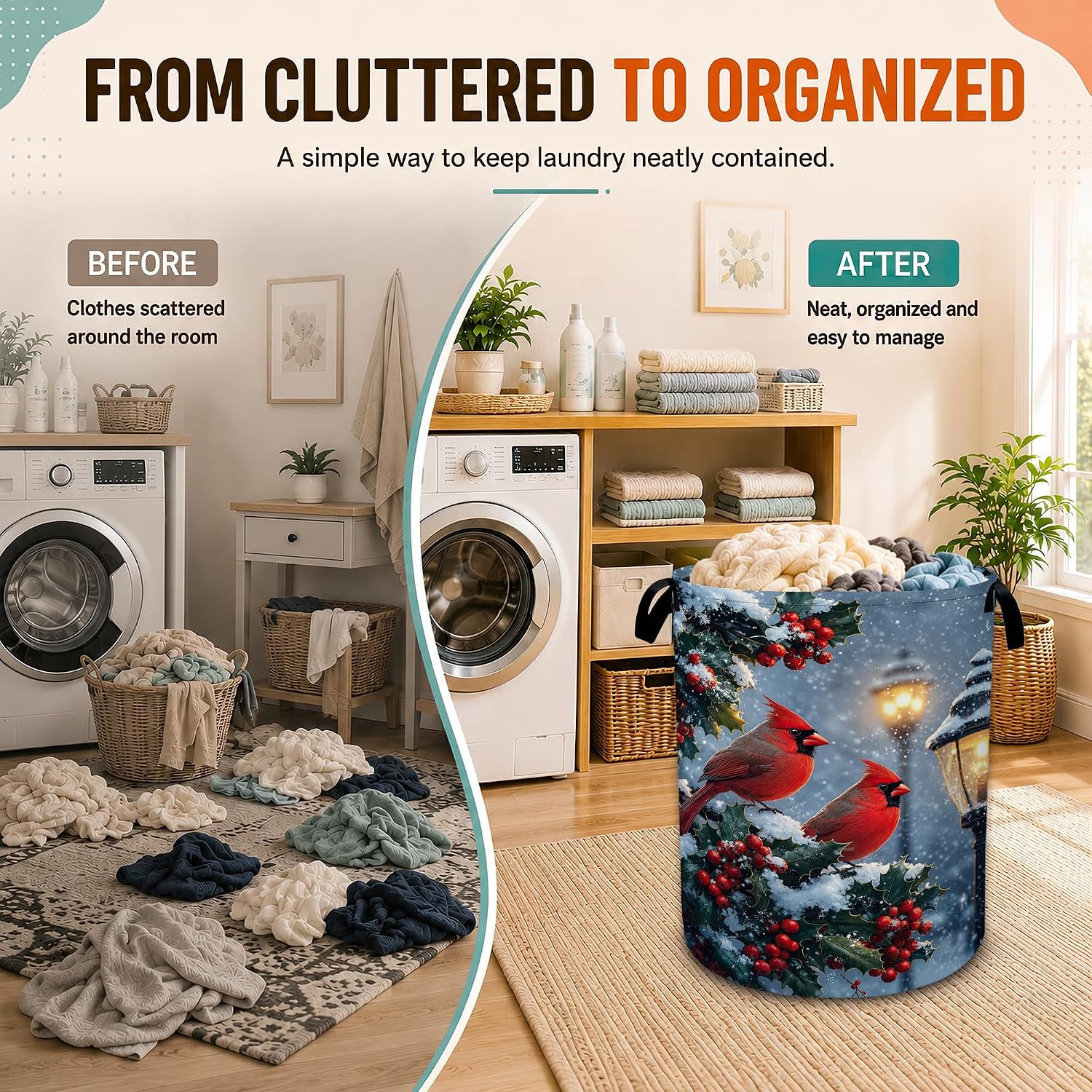 Cardinals Laundry Basket,Berries Christmas Foldable Oxford Laundry Hamper with Handles,Collapsible Clothes Storage Basket for Bedroom,Bathroom,or Laundry Room,20.8 x 16 Inches