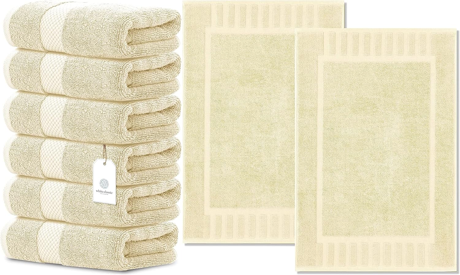 White Classic Luxury Hand Towels 6 Pack Luxury Bath Mat 2 Pack Bundle (Beige