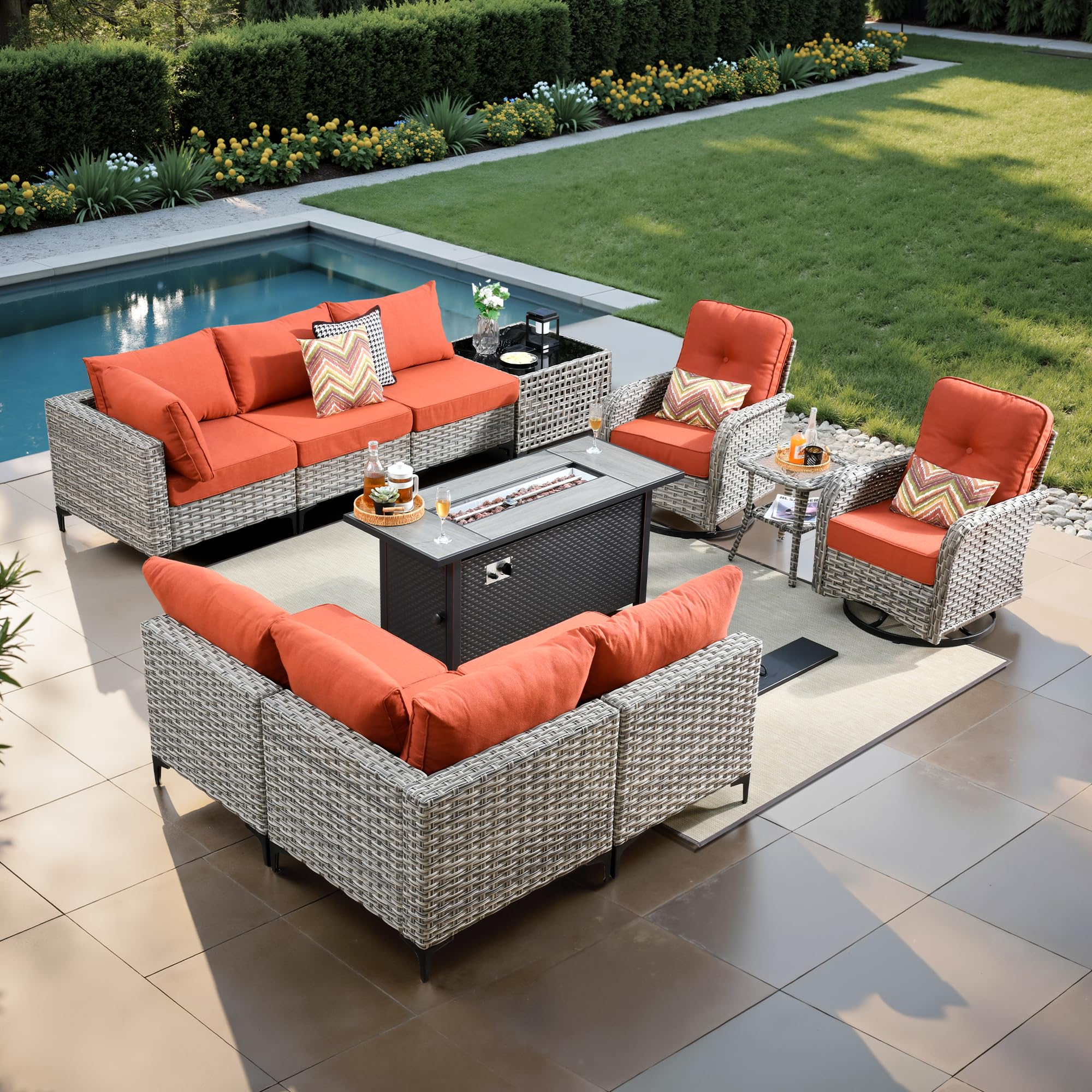 11 Pcs Patio Furniture with Fire Pit Table, Outdoor Rattan Wicker Conversation Set with Glowing Coffee Table, Comfy Sectional Sofa for Porch Balcony