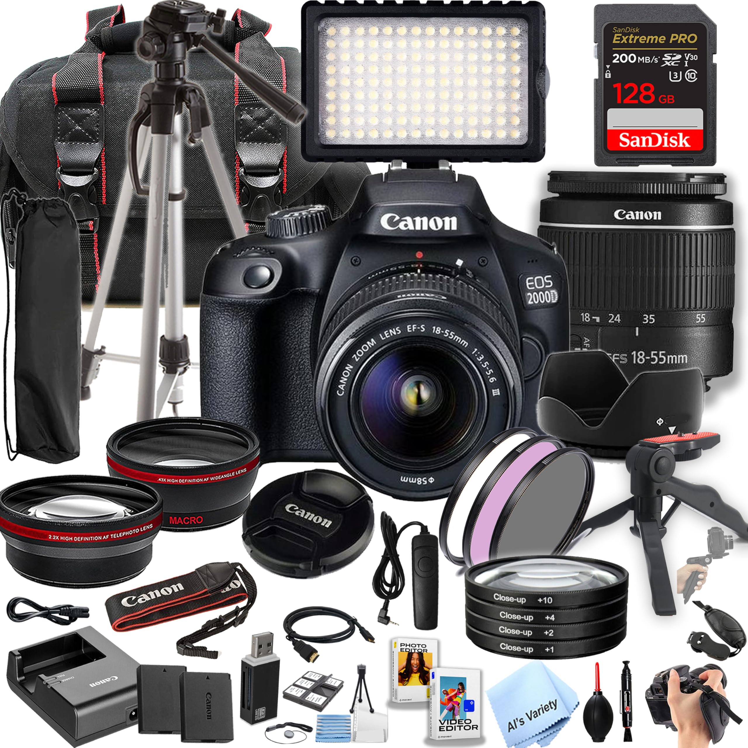 Canon EOS 2000D / Rebel T7 DSLR Bundle w/Canon EF-S 18-55mm f/3.5-5.6 is II Lens + 128GB Extreme Memory, LED Video Light, Wide Angle Lens, Telephoto Lens, 3pc Filter Kit- 39pc Pro Bundle (Renewed)