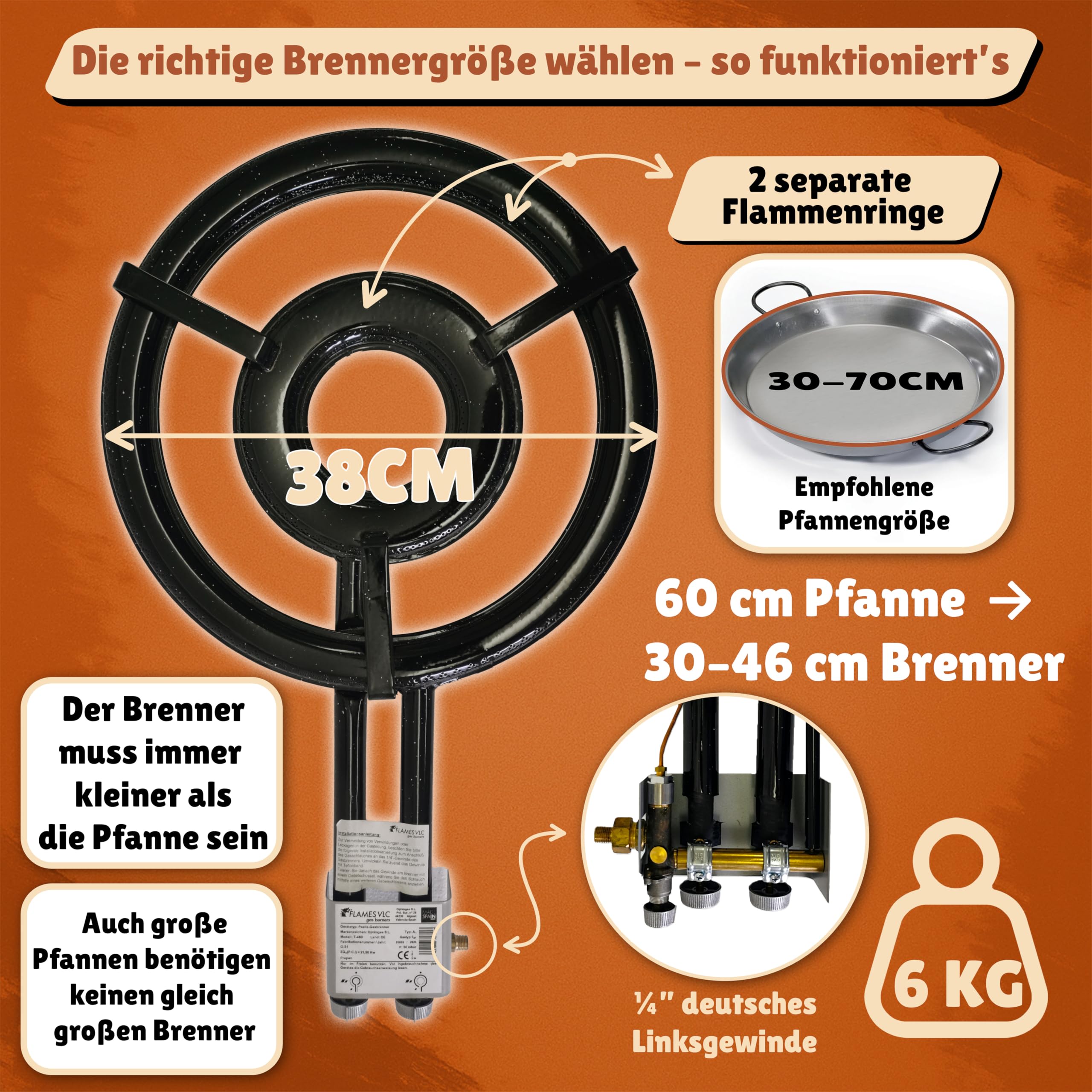 Outdoor-Gasbrenner 38 cm Doppelring 17,5 kW für Paellapfannen | 17,5kW Leistung, präzises Nadelventil, niedriger Gasverbrauch, Propan Kocher, ideal für Outdoor Kochen