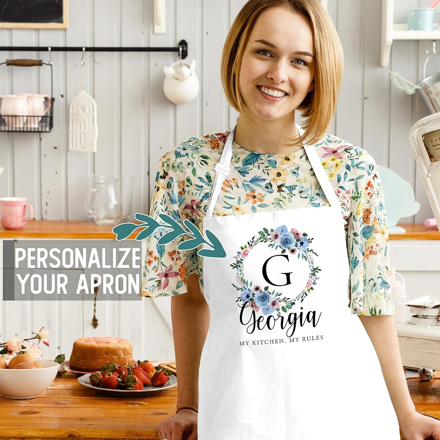 Personalized Kitchen Aprons Floral Initial Design w/Name Text - Customized Women Cooking Apron w/Pockets Custom Chef White Gifts for Baking Bbq Grill Funny Mujer Cocina Delantal C1, Standard - Image 3