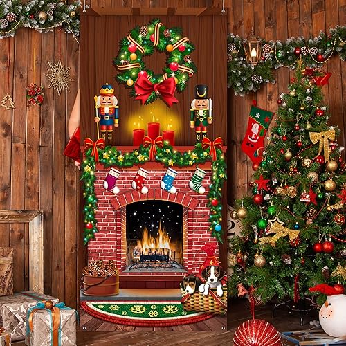 Miniatura 4 de Tiamon Cubierta de puerta de Navidad para chimenea, telón de fondo, estampado de árbol de Navidad, decoración colgante de cascanueces de Navidad,