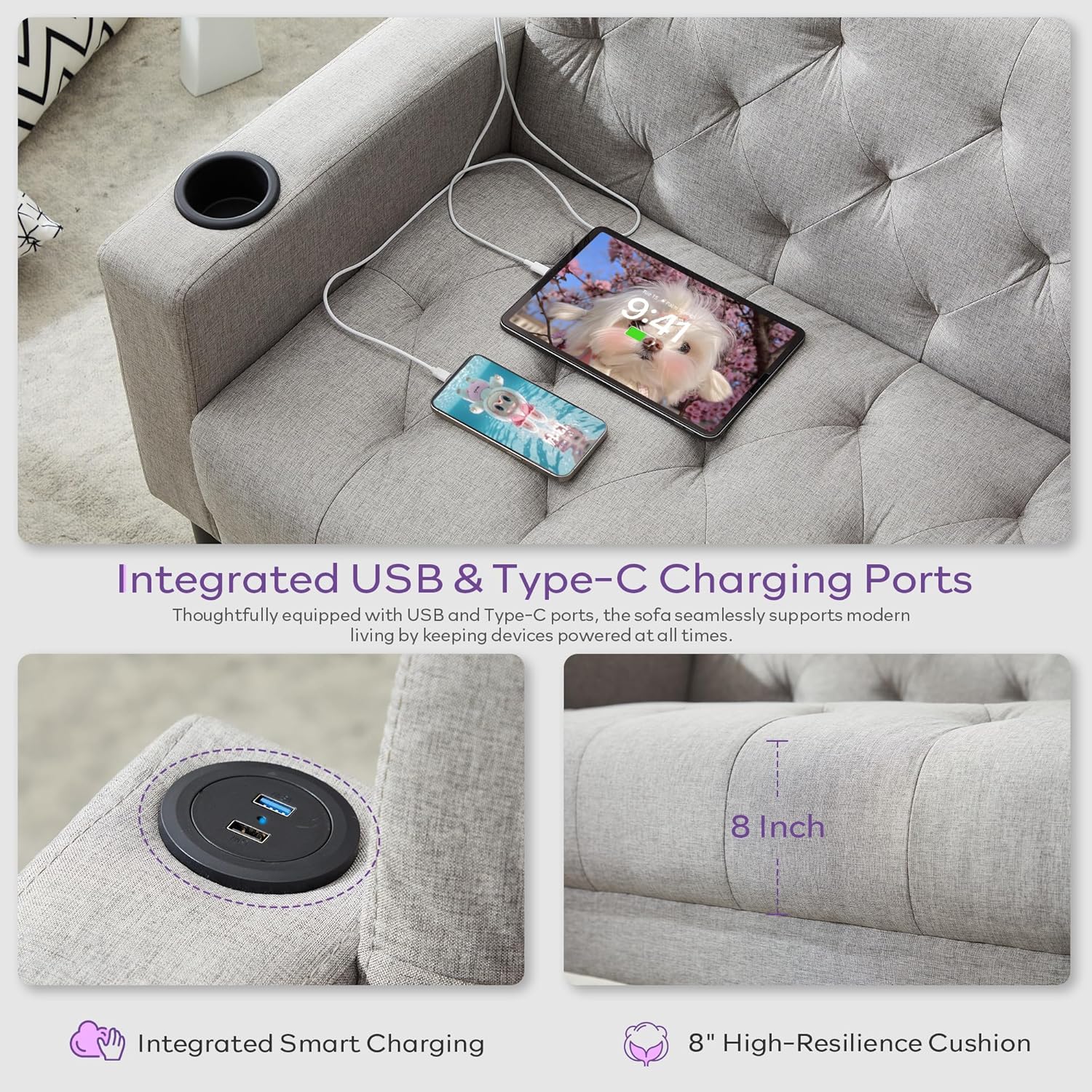 62" W Loveseat Sofa w/ 2 USB Charr Ports and 2 Cupholders,
