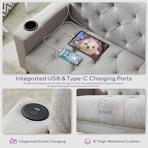 Miniatura 5 de TYBOATLE Juego de sofá biplaza moderno de mediados de siglo con 2 USB y 2 portavasos, juegos de muebles de sala de estar, sofás pequeños para