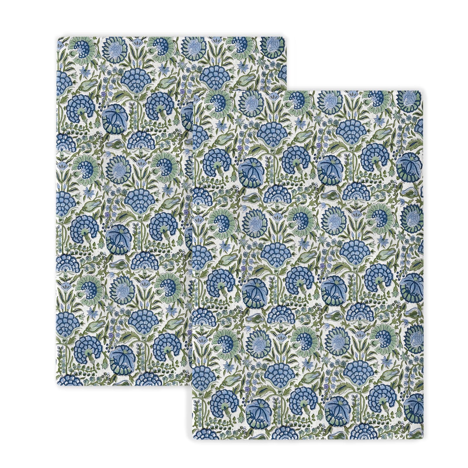 Blue Sage Green Block Print Floral Kitchen Towels Spring Boho Vintage Flower Dish Towels, 16x24 Inch Farmhouse Seasonal Summer Decoration Absorbent Hand Towels for Kitchen Drying Decor Set of 2