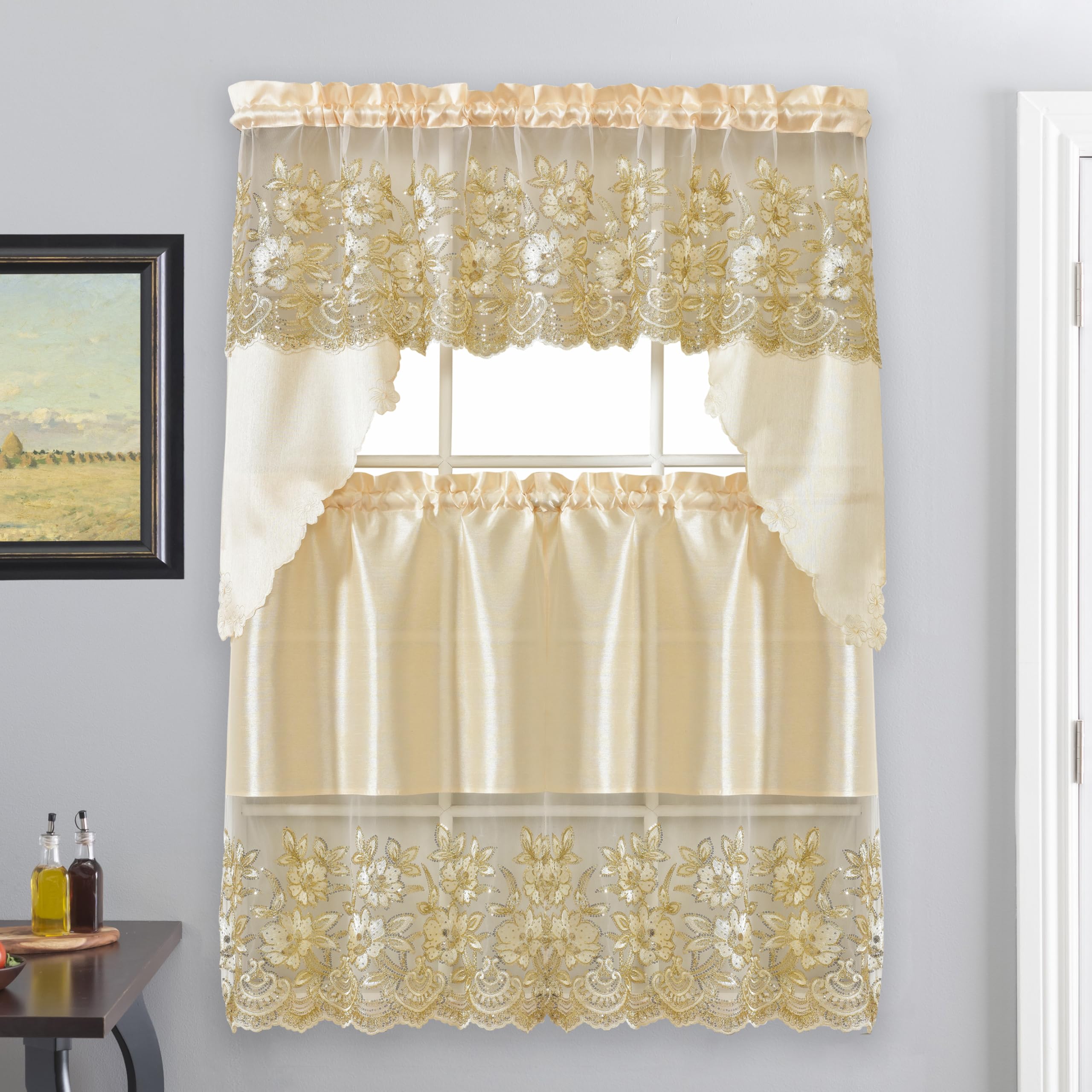 American Linen 3 Piece Sequin Embroidered Window Curtain Set – Valance and Tiers – Kitchen, Living Room, or Bathroom Curtains