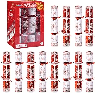 Christmas Crackers, 12 Pack Christmas Party Favors with Party Hat, Joke & Little Gift Inside for Christmas Thanksgiving Seasonal Holiday Dinner Traditions (Red and White)