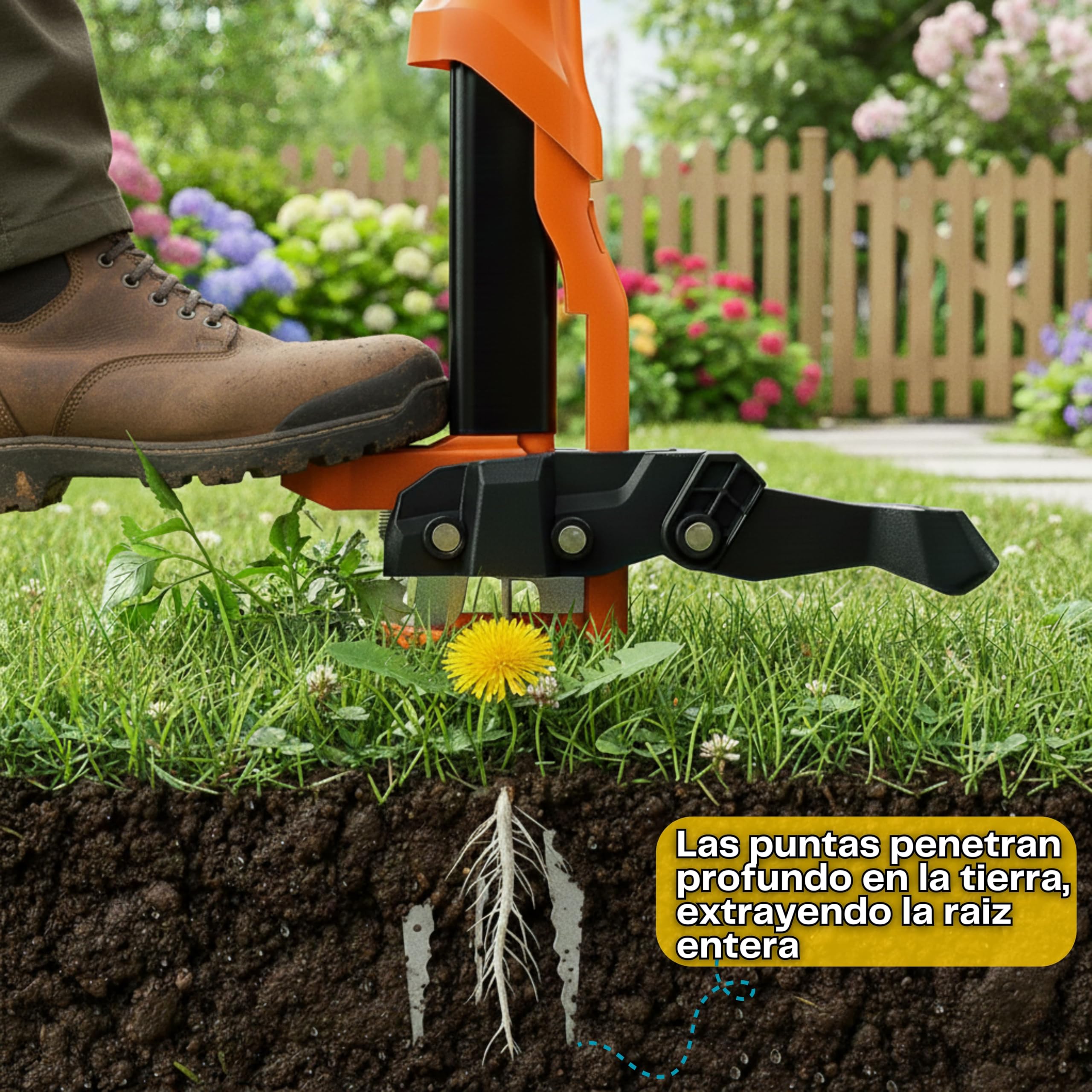 Extractor Malas Hierbas con 4 Puntas de Acero Ultrarresistente y Eyector de Plantas | Herramienta para Quitar Malas Hierbas Jardin Sin Agacharte Y Sin Esfuerzo. Deshierbador Manual Largo 100 Cm