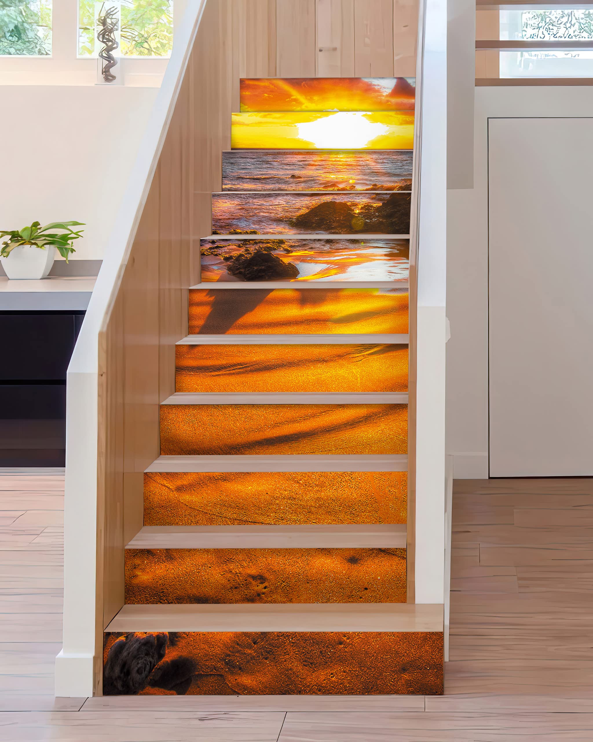 Stair Decals - FLFK Stair Stickers Decals Peel and Stick,Sunset Beach Stair Risers Decals Self-Adhesive for Home Decor, 39.3" W x 7" H x 13Pcs