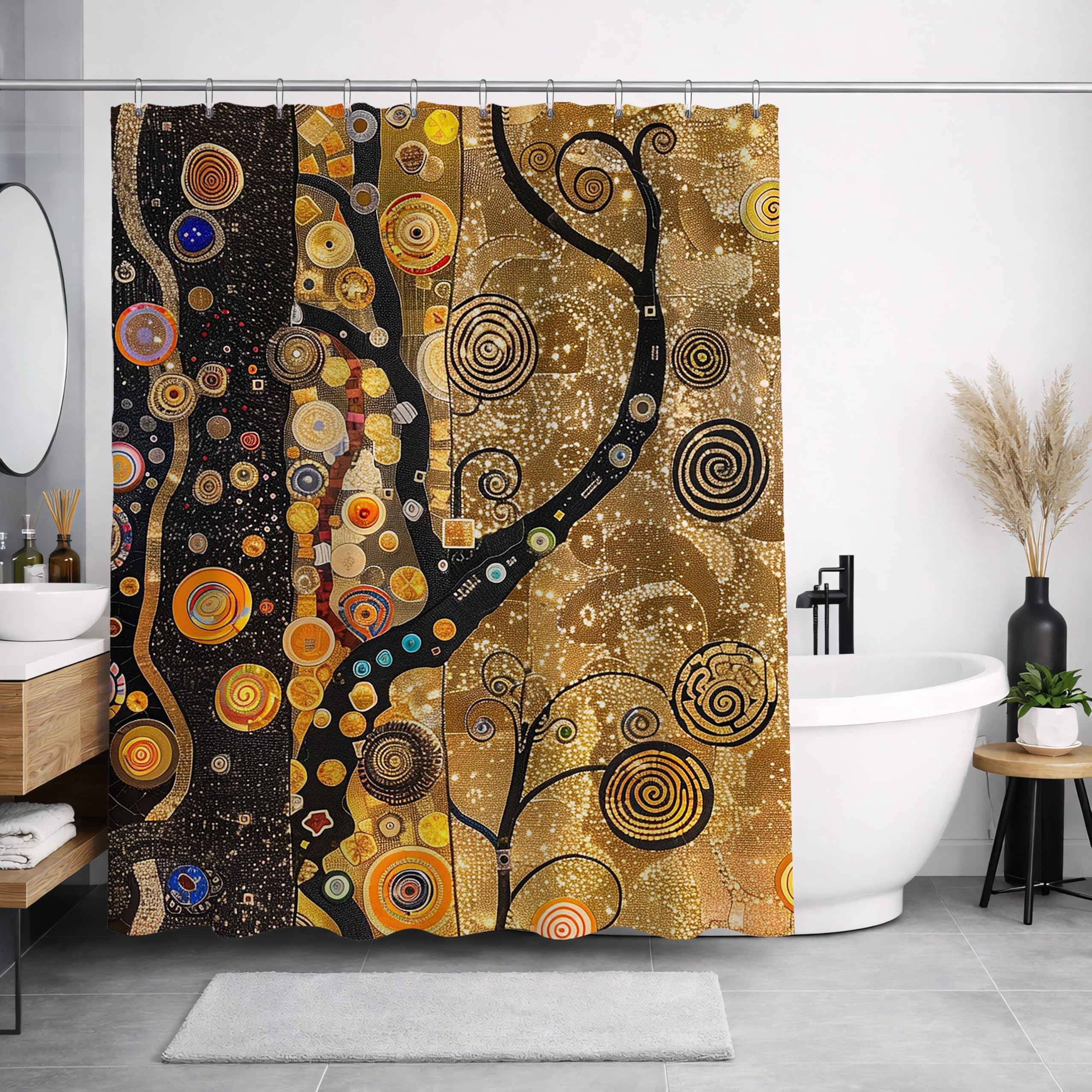 Klimt-inspirierter Duschvorhang mit goldenen Baumspiralen, Badezimmervorhang/Badewannendekoration mit Haken (230 x 175 cm / 91 x 69 Zoll (B x H))