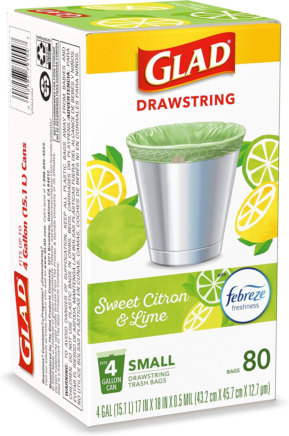 Glad Small Kitchen Drawstring Trash Bags – 4 Gallon Green Trash Bag Febreze , Sweet Citron & Lime, 80 Count (Package May Vary) : Health & Household