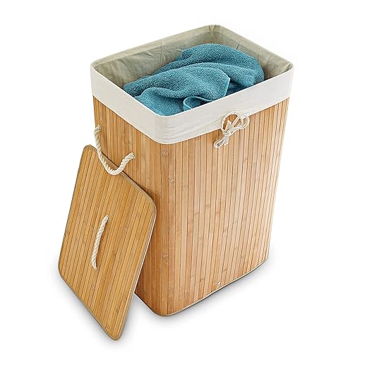 Relaxdays Wäschekorb Bambus, mit Deckel, rechteckig, XL, 83 L, faltbarer Wäschesammler, HBT 65,5 x 43,5 x 33,5 cm, natur