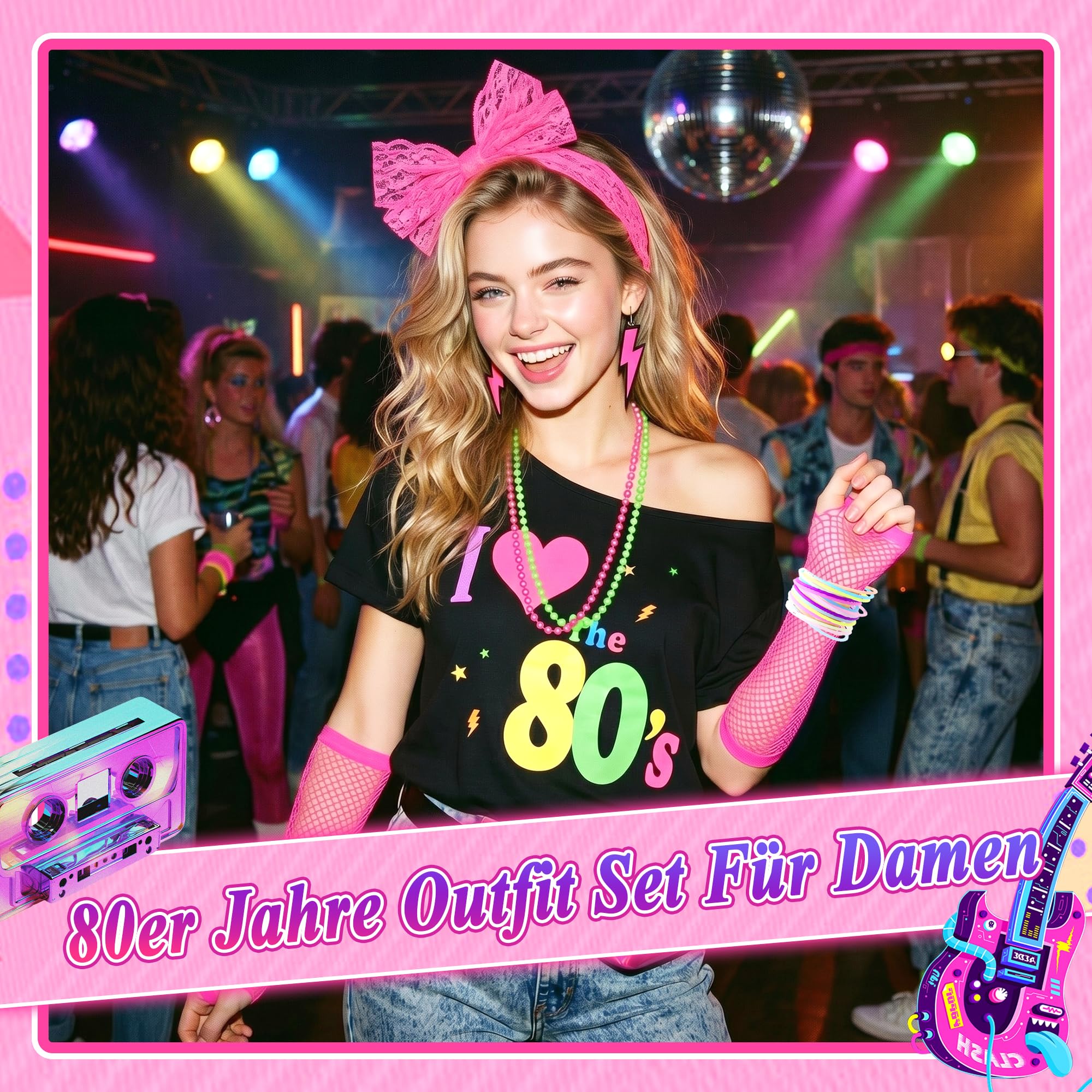 80er Jahre Kostüm Damen Set, 80s Outfit Frauen mit T-Shirt Gürteltasche Beinstulpen Netzhandchuhe Neon Schmuck, 80er Jahre Kleidung für Karneval Fasching Mottoparty Disco