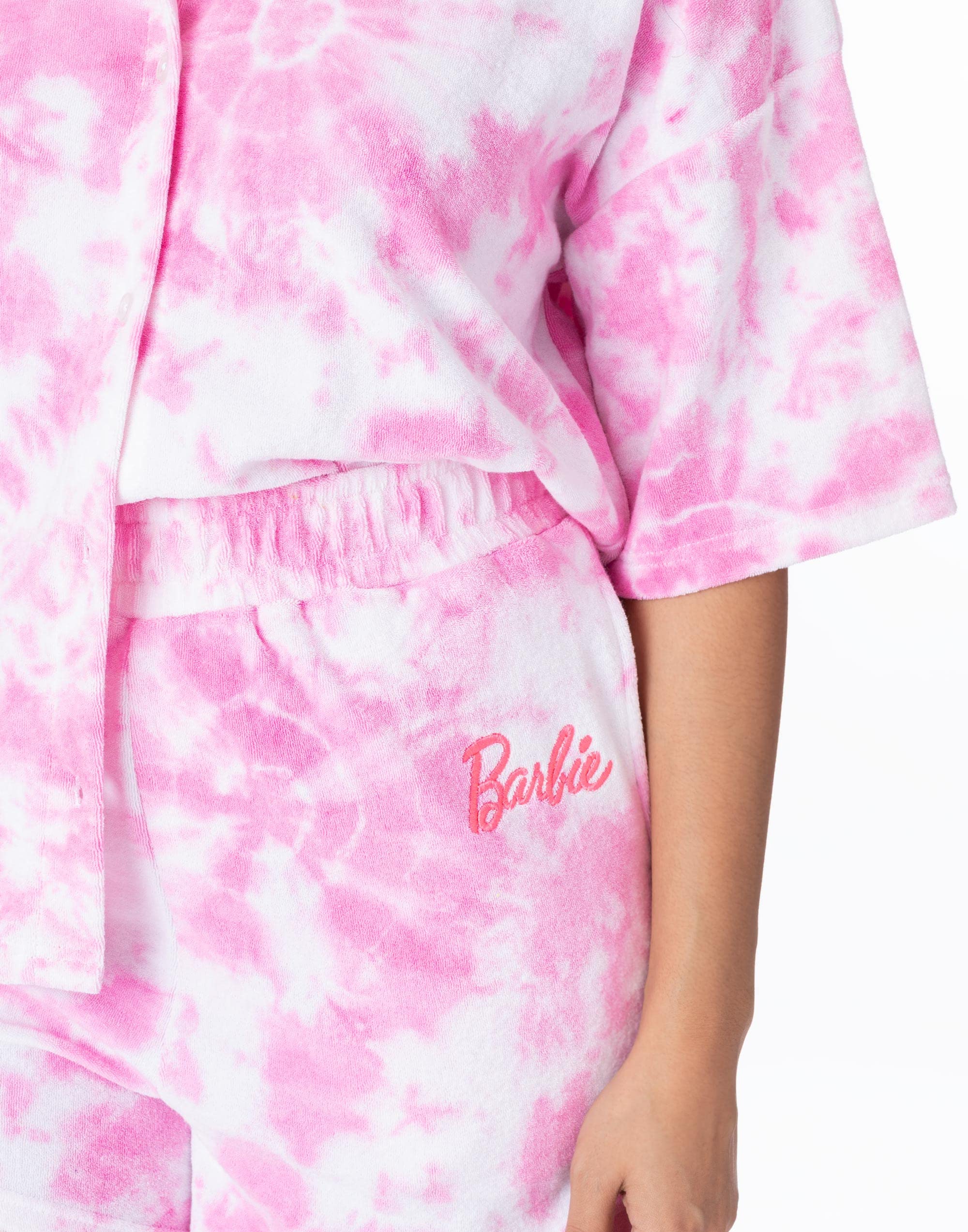 Barbie Damskie 3 sztuki Torubing Co-Ord Beach Cover Up | Różowy kolor batikowy ręcznik T-Shirt Szorty Gumki do włosów Włosy Bobble Logo Moda kąpielowa Merchandise