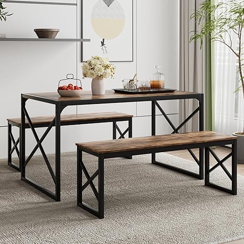 Miniatura 12 de VECELO Juego de Mesa de Comedor de Cocina con Bancos para 4, Mesa de Comedor de Madera de 43.3" con 2 Bancos, Mesa de Comedor de Alta Resistencia