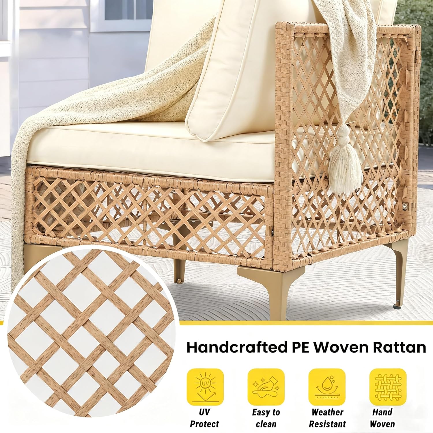 7 Piece Patio Furniture Set, Outdoor Wicker Sectional Sofa Conversation Set with Water Resistant Thick Cushions & Tempered Glass Coffee Table for Backyard, Porch, Boho Style, Natural/Beige