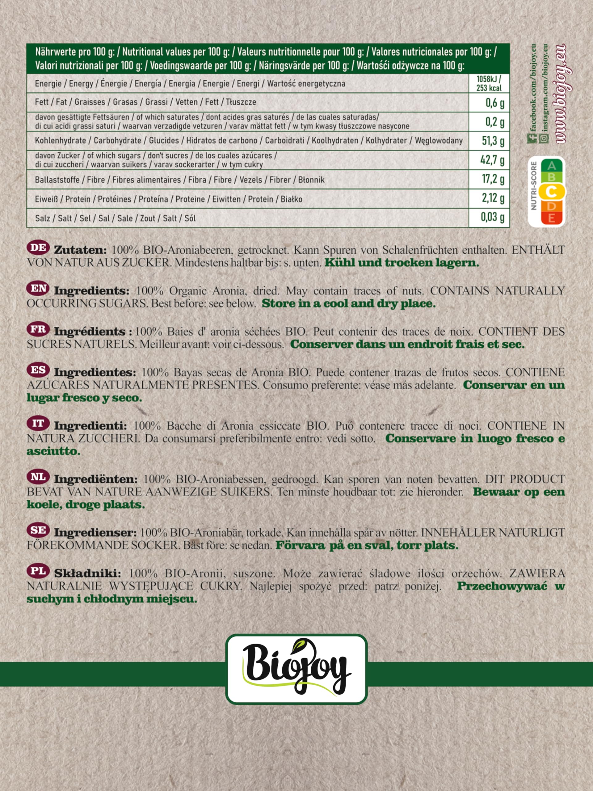 Biojoy Baies d'aronia séchées BIO (1 kg), entières (Aronia melanocarpa)