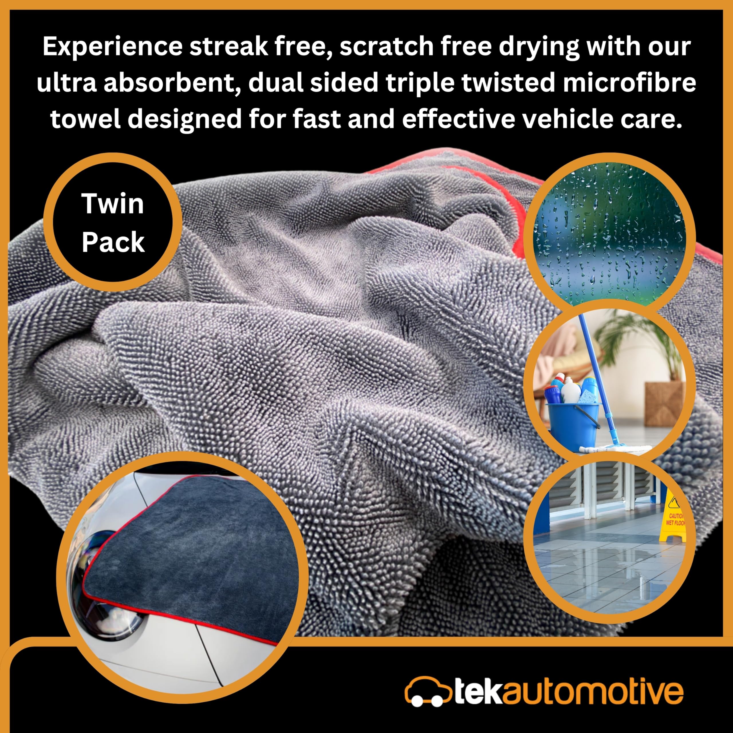 Tek Automotive Paquete de 2 toallas de secado de microfibra de triple torsión, ultra absorbentes, sin arañazos, extra grandes, 90 x 75 cm, toalla de secado de coche para limpieza, detalles y pulido