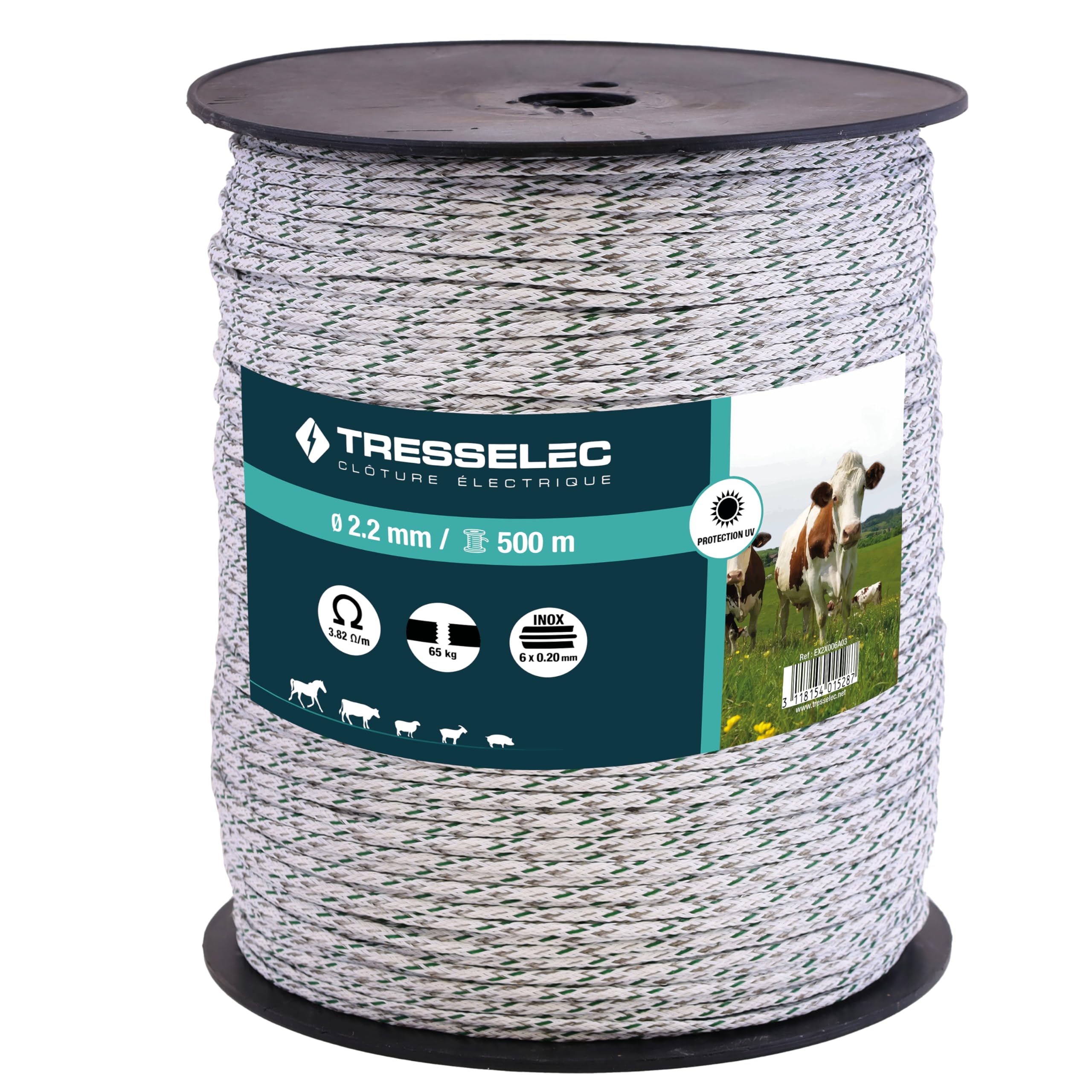 Cavo diametro 2,2 mm - Recinzione elettrica per animali (mucca, capra, pecora, cavallo), bobina da 500 m - 6 fili in acciaio inox diametro 0,20 mm