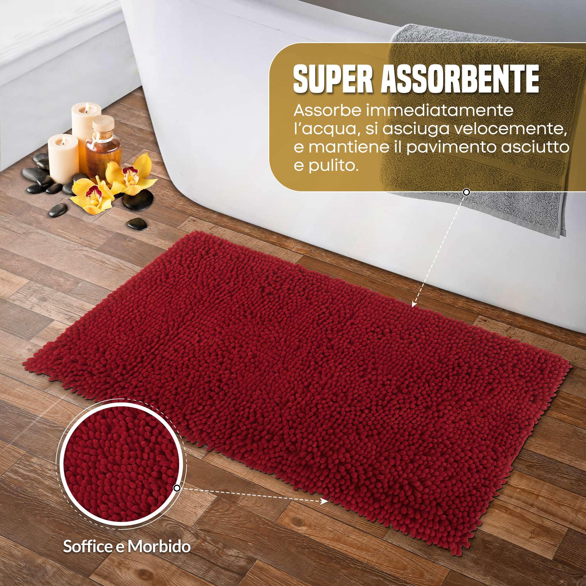 HOMEK Tappetino Da Bagno In Ciniglia 60x120 Cm | Super Assorbente E Morbido | Antiscivolo TPR | Lavabile In Lavatrice