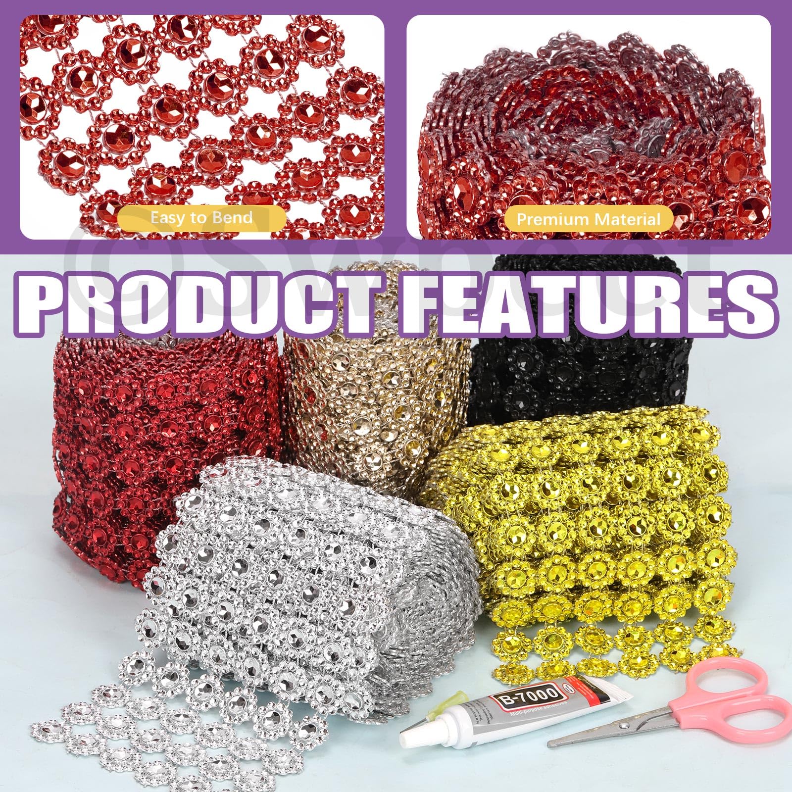 Swpeet Ruban Strass Argenté 4 Pouces X 3 Yards – 6 Rangées Cristal Artificiel + Ciseaux – Idéal Mariage, Gâteau, DIY Déco Brillante