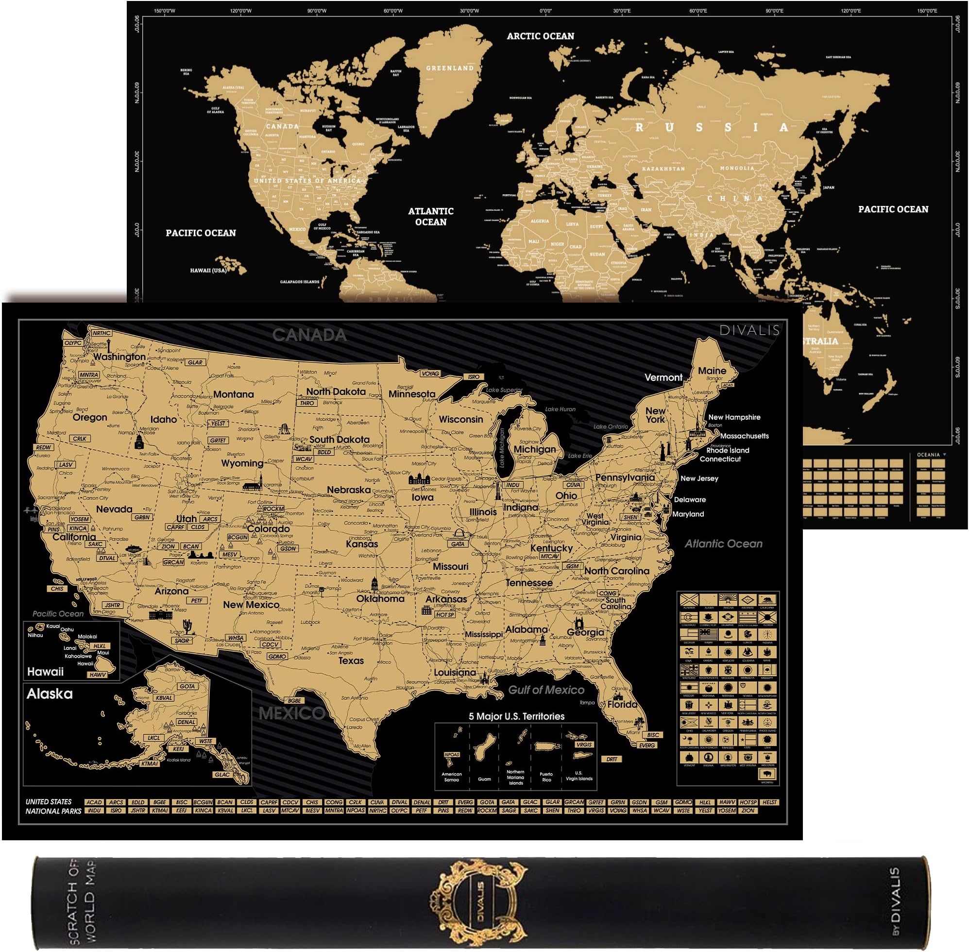 2 in 1 Gift Set - Scratch Off World Map and US Scratch off Map - Easy to Frame Scratchable World and United States of America Posters - Globetrotters Wall Map - Black and Gold Travel Tracker