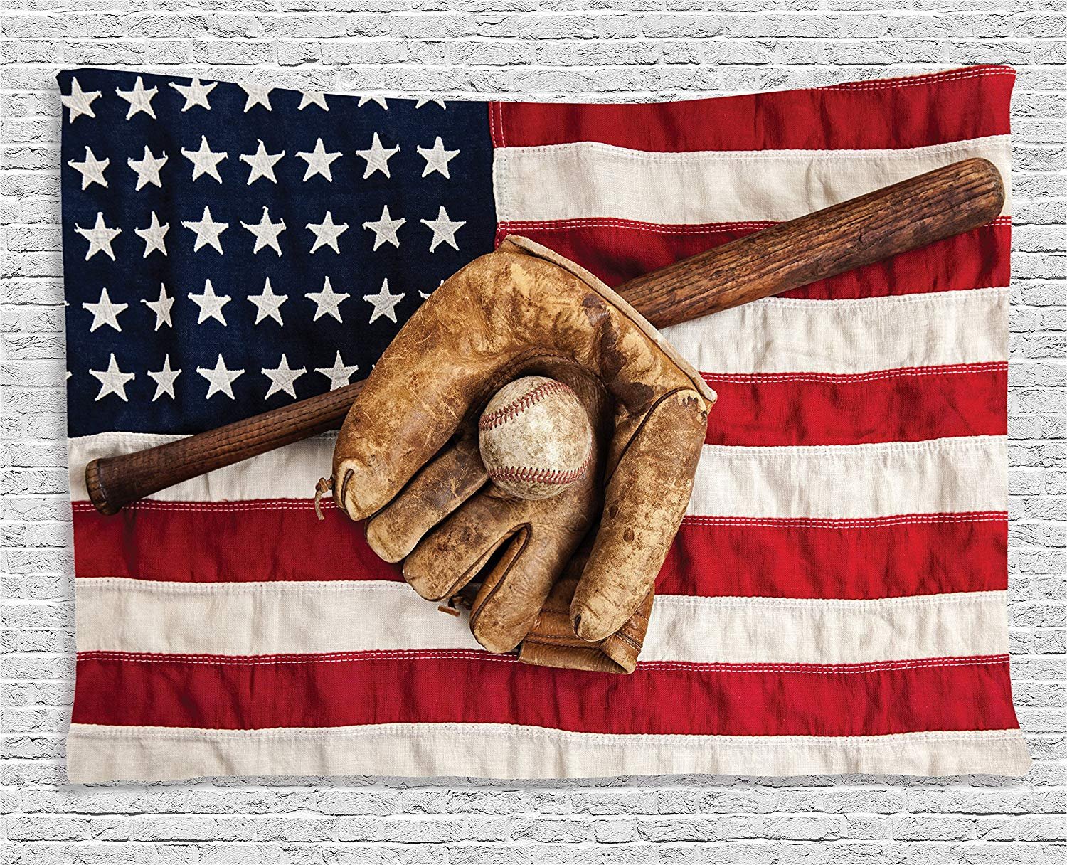 Ambesonne Baseball Tapestry, Vintage Baseball League Equipment Usa Grunge Glove Bat Fielding Sports Theme, Wide Wall Hanging for Bedroom Living Room