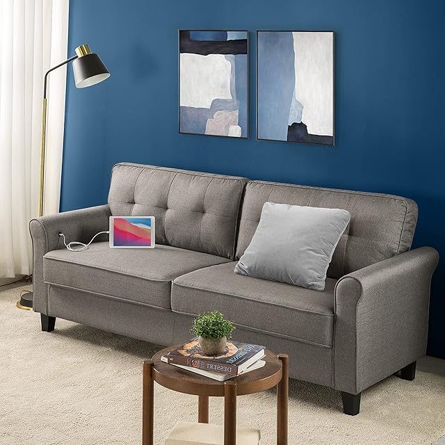 ZINUS Sayan Sofa with USB Ports | Mid-century | Easy, Tool-Free Assembly | Tufted Cushions | Rounded Arms | Sofa-in-a-Box | Sand Grey