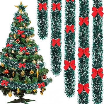 Christmas Tinsel Garland with 38 Red Bows Metallic Christmas Tree Garland Hanging Wreath Decorations Vintage Tinsel Wreaths for Xmas Holiday Indoor Outdoor Party Supply Dark Green,50ft