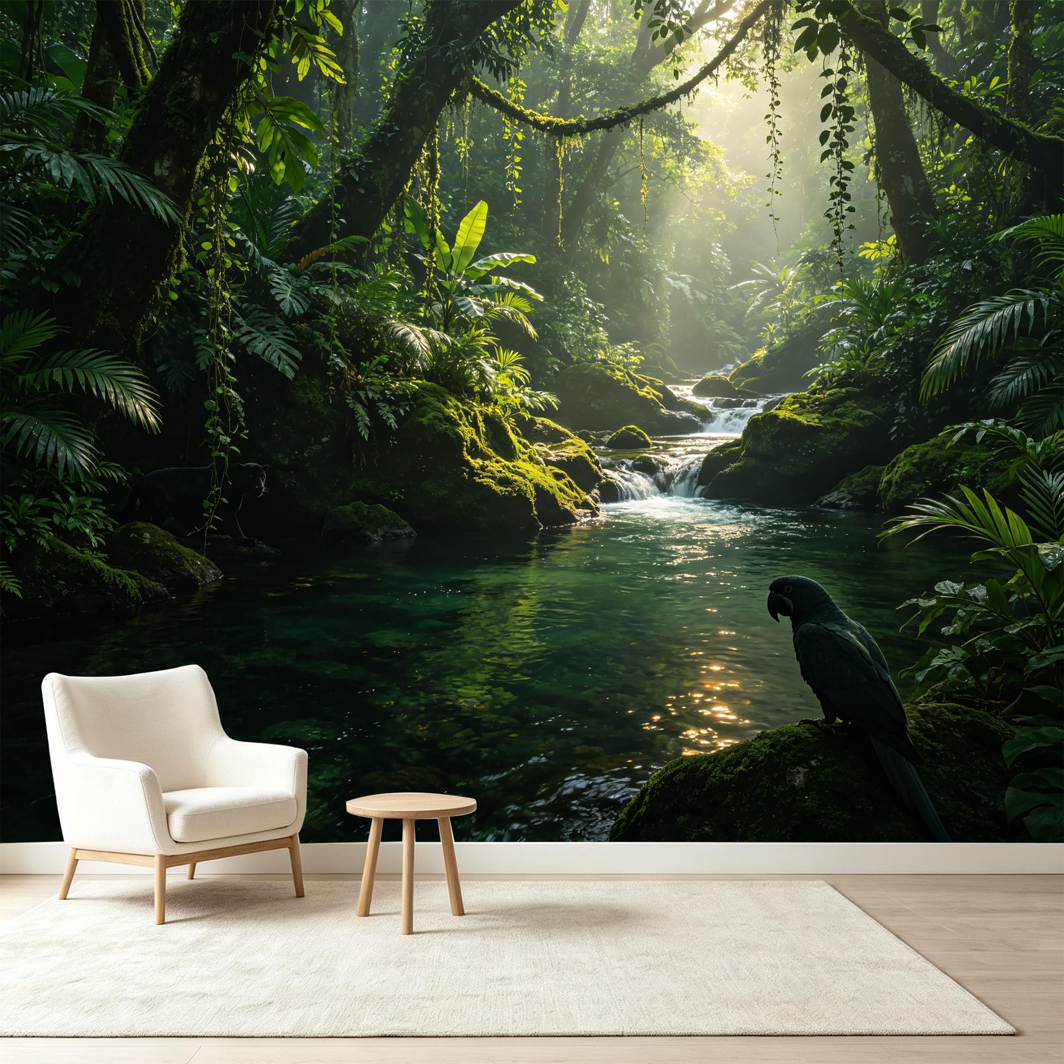 Custom Size Wall Murals Tropical Jungle Rainforest River Sunbeams Panther Parrot Self-Adhesive Wall Fabric Removable Wallpaper Wall Decor for Living Room Bedroom Bathroom