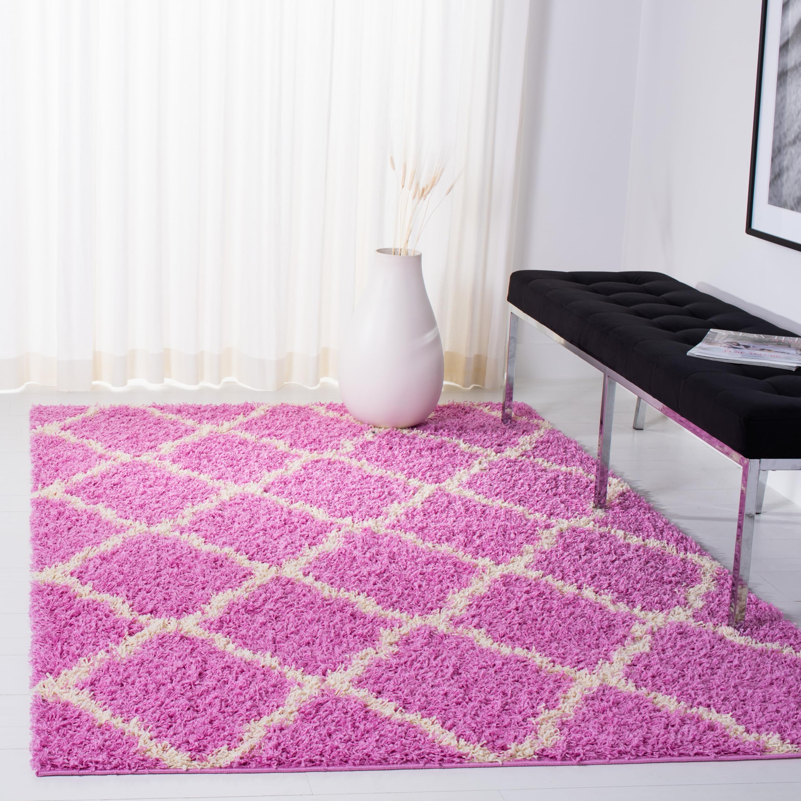 Safavieh Shaggy Indoor Woven Rectangle Area Rug, Dallas Shag Collection, SGD257, in Pink/Ivory, 122 X 183 cm for Living Room, Bedroom or Any Indoor Space