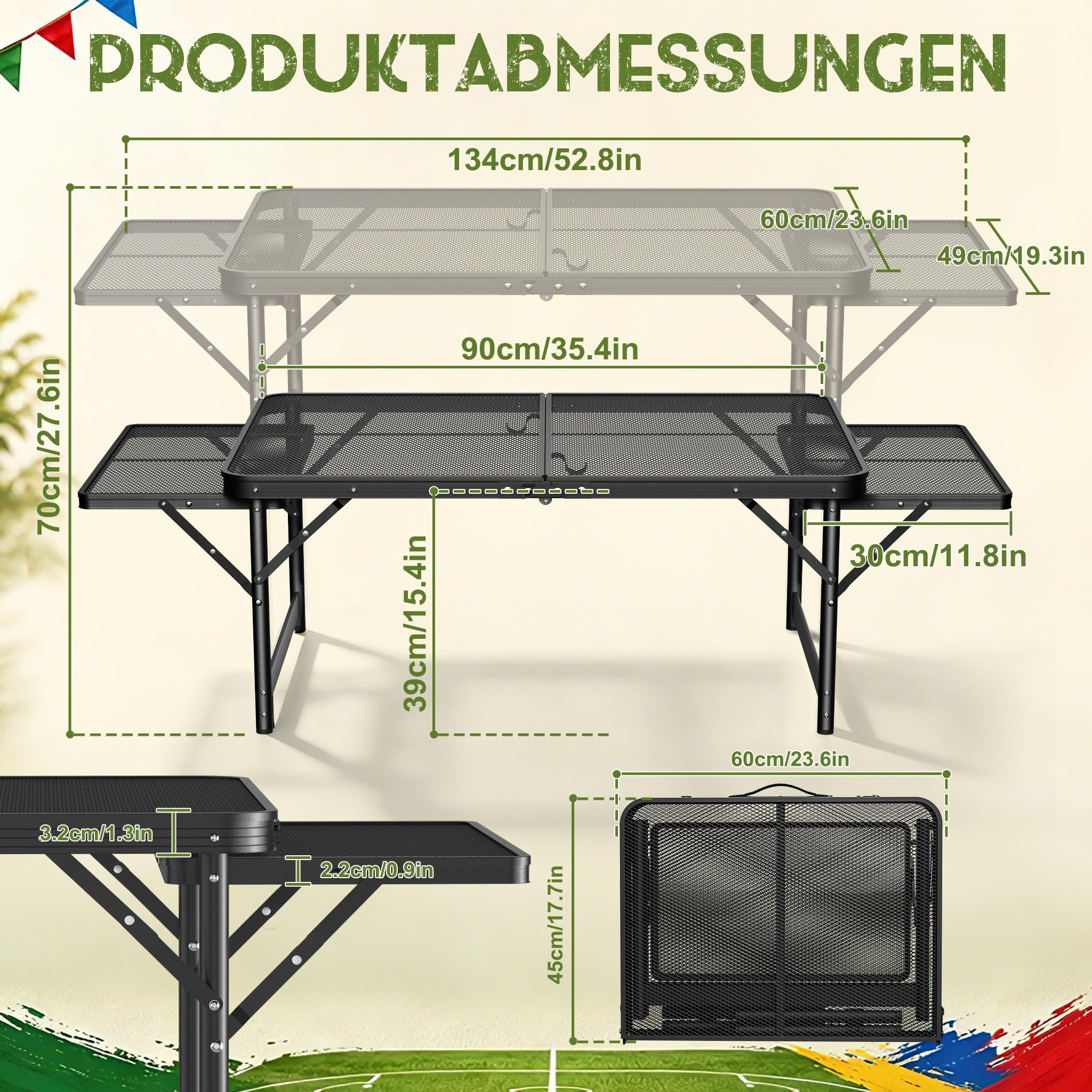 XMTECH Table de camping pliable - Table de barbecue pliable - 90 x 60 cm - Hauteur réglable - Extensible jusqu'à 134 x 60 cm - Pour camping, plage, jardin ou barbecue